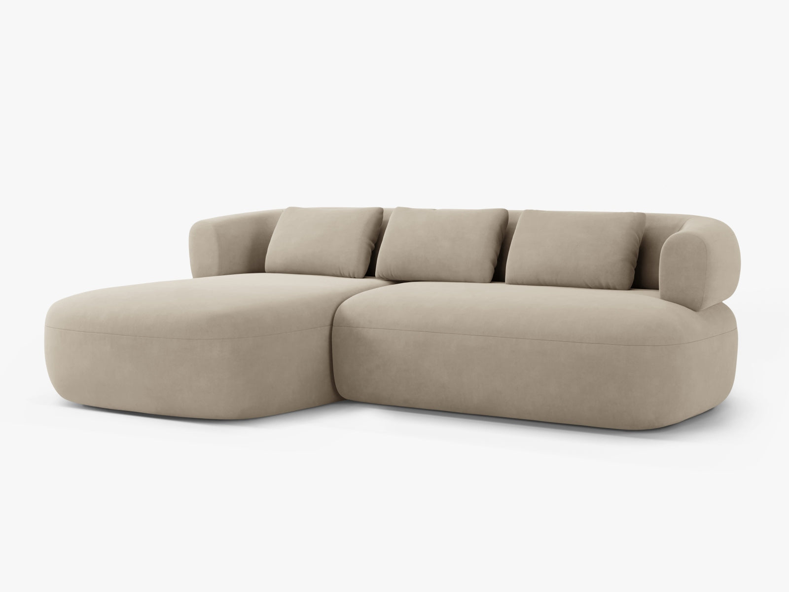 Beige Jenny Velour Ecksofa links 5 Sitzer von Micadoni, stilvolles L-Sofa für modernen Wohnraum, bequem und elegant.