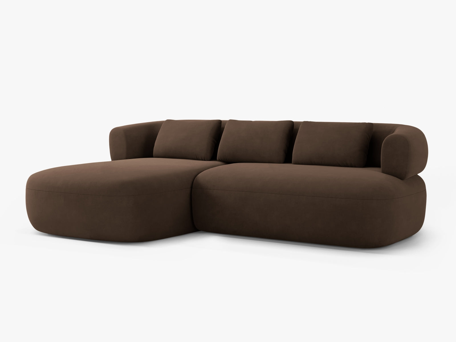 Elegantes Jenny Velour Ecksofa links, 5-Sitzer in luxuriösem Chocolate-Salvador, ideal für stilvolle Wohnräume.