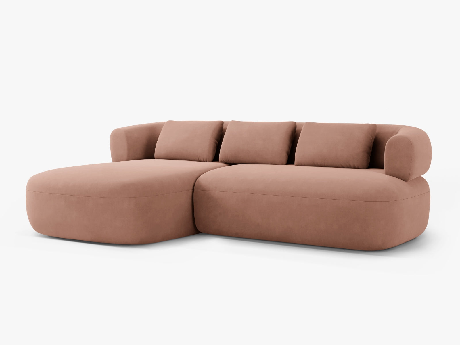 Stylisches Jenny Velour Ecksofa links, 5 Sitzer in elegantem Pink-Salvador, ideal für moderne Wohnräume, erhältlich bei KAQTU Design AG.