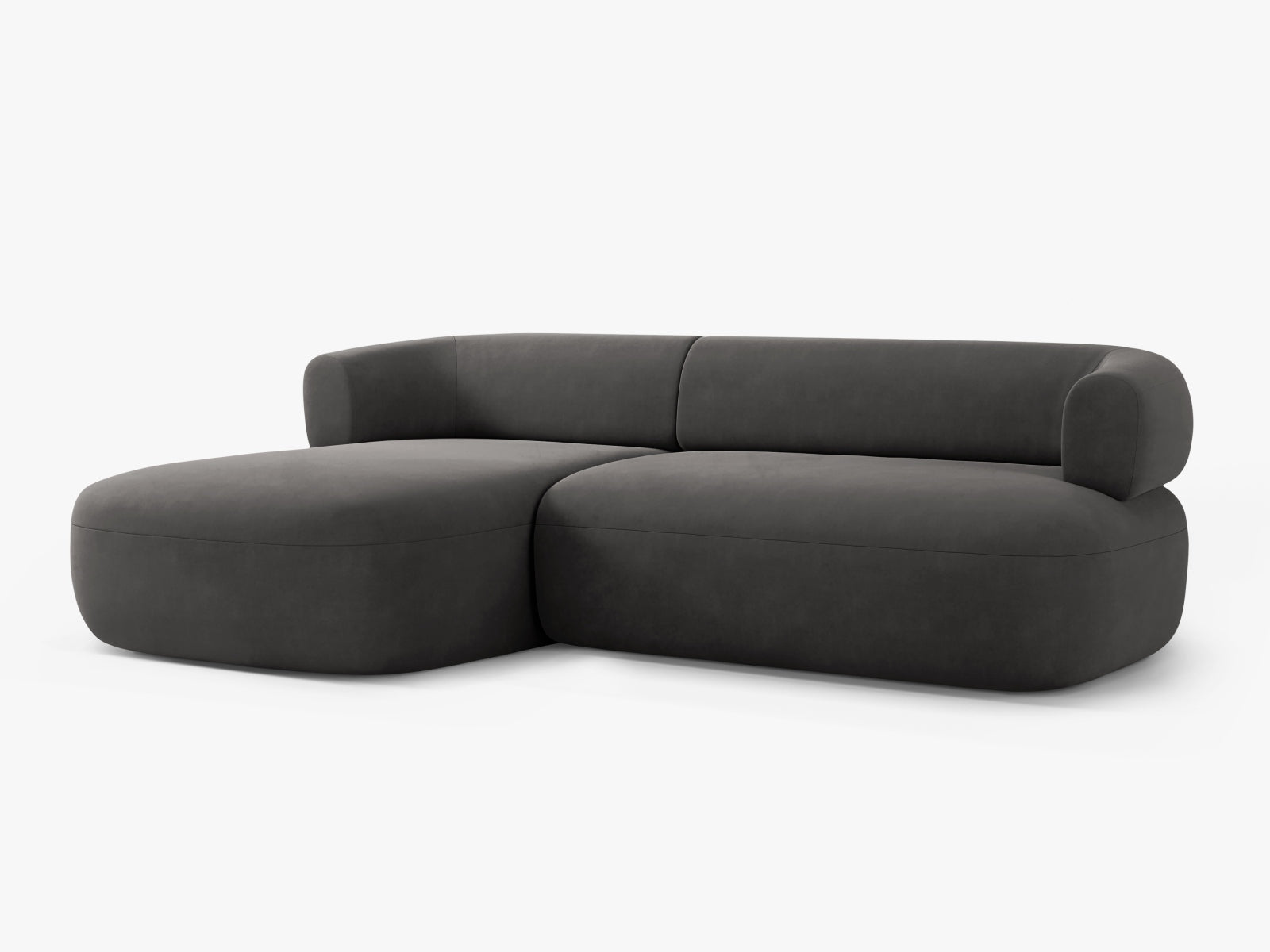 Modernes 5-Sitzer Ecksofa Jenny in Dunkelgrau, linksseitig, aus weichem Velours für stilvolle Akzente im Wohnzimmer.