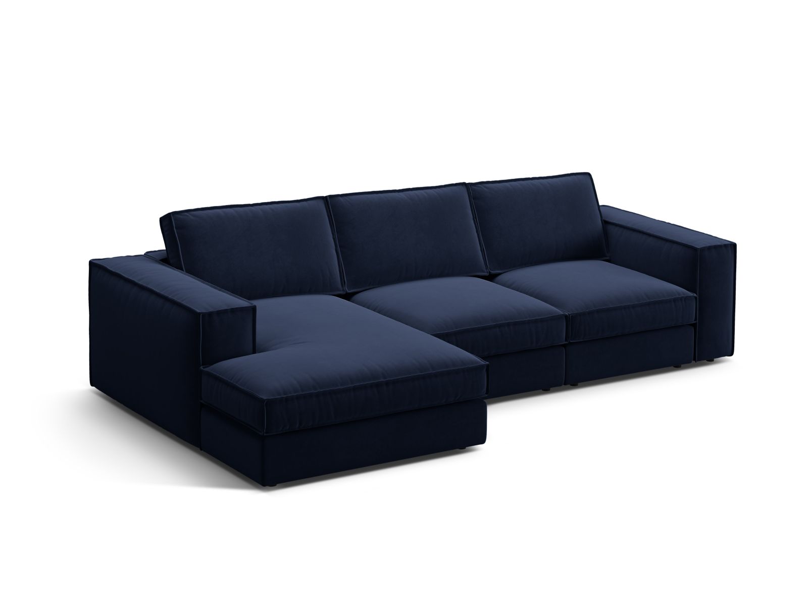 Elegantes 3-Sitzer Ecksofa links Pola in Royal Blue, ideal für stilvolle Wohnräume, erhältlich bei KAQTU Design AG.