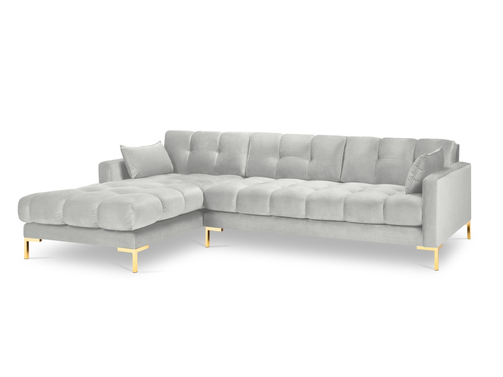 Erleben Sie das Mamaia Velour Ecksofa links von Micadoni – ein elegantes 5-Sitzer Sofa, das stilvollen Komfort und Funktionalität für Ihr Zuhause bietet.