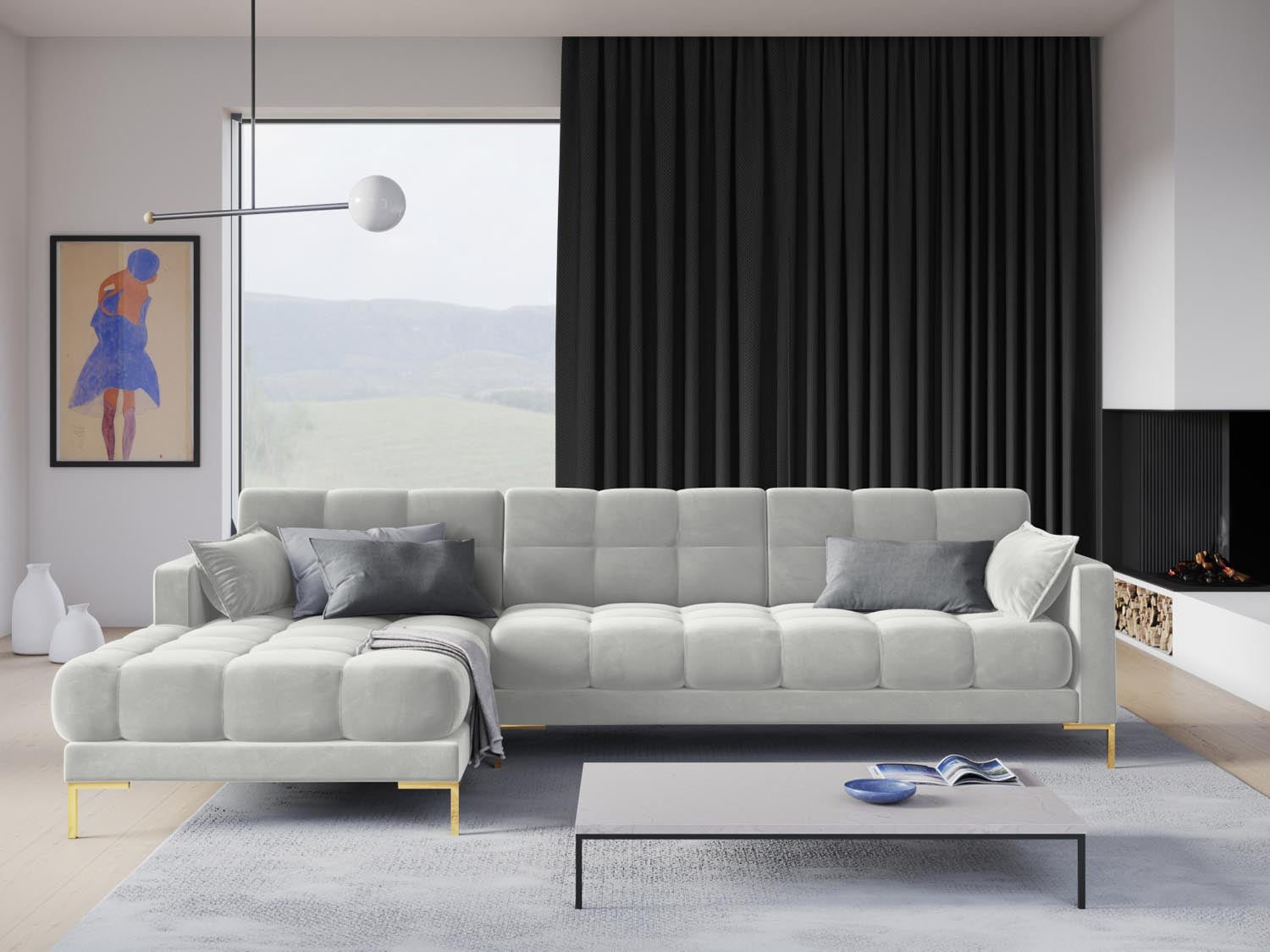 Entdecken Sie das stilvolle Mamaia Velour Ecksofa links von Micadoni – ein elegantes 5-Sitzer Sofa, das Komfort und modernes Design vereint.