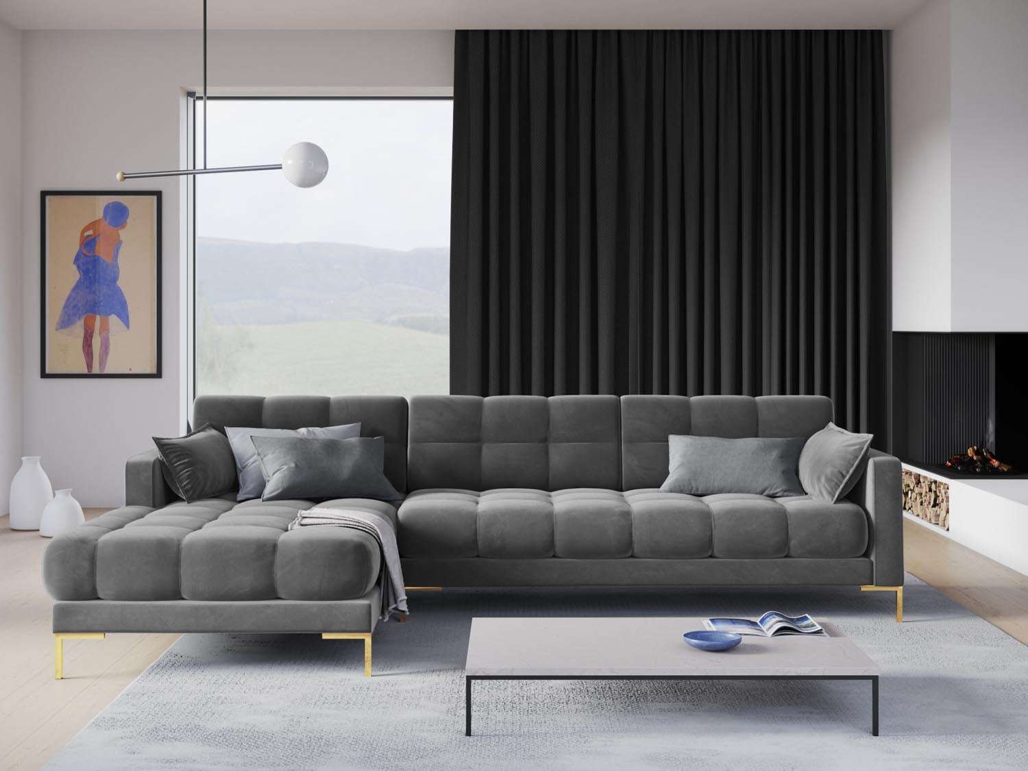 Entdecken Sie das stilvolle Mamaia Velour Ecksofa links von Micadoni – ein elegantes 5-Sitzer Sofa, das Komfort und modernes Design vereint.