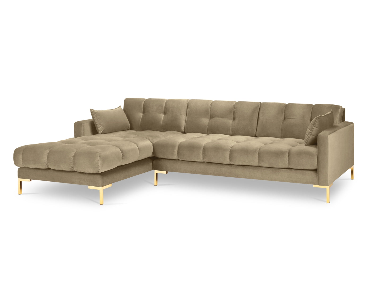 Erleben Sie das Mamaia Velour Ecksofa links von Micadoni – ein elegantes 5-Sitzer Sofa, das stilvollen Komfort und Funktionalität für Ihr Zuhause bietet.