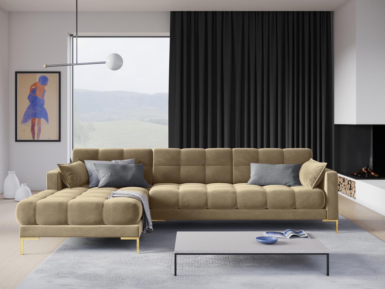 Entdecken Sie das stilvolle Mamaia Velour Ecksofa links von Micadoni – ein elegantes 5-Sitzer Sofa, das Komfort und modernes Design vereint.