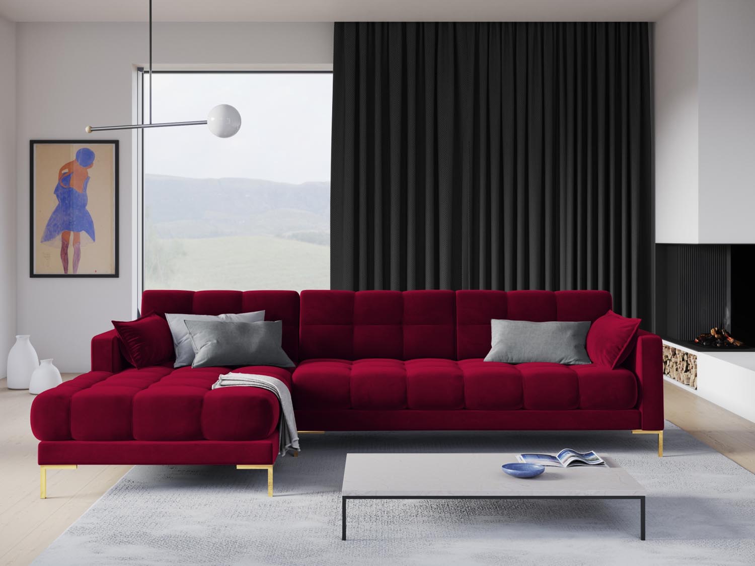 Entdecken Sie das stilvolle Mamaia Velour Ecksofa links von Micadoni – ein elegantes 5-Sitzer Sofa für Ihr Wohnzimmer, das Komfort und Design vereint.