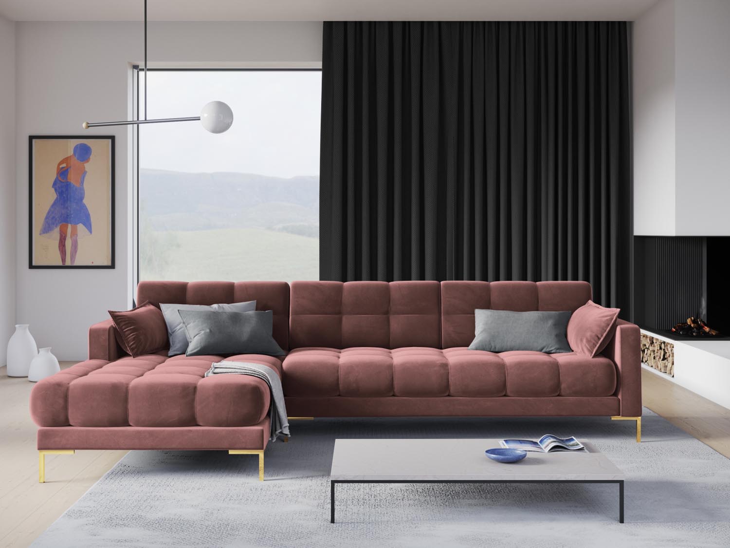 Entdecken Sie das stilvolle Mamaia Velour Ecksofa links von Micadoni – ein elegantes 5-Sitzer Sofa, das Komfort und modernes Design vereint.