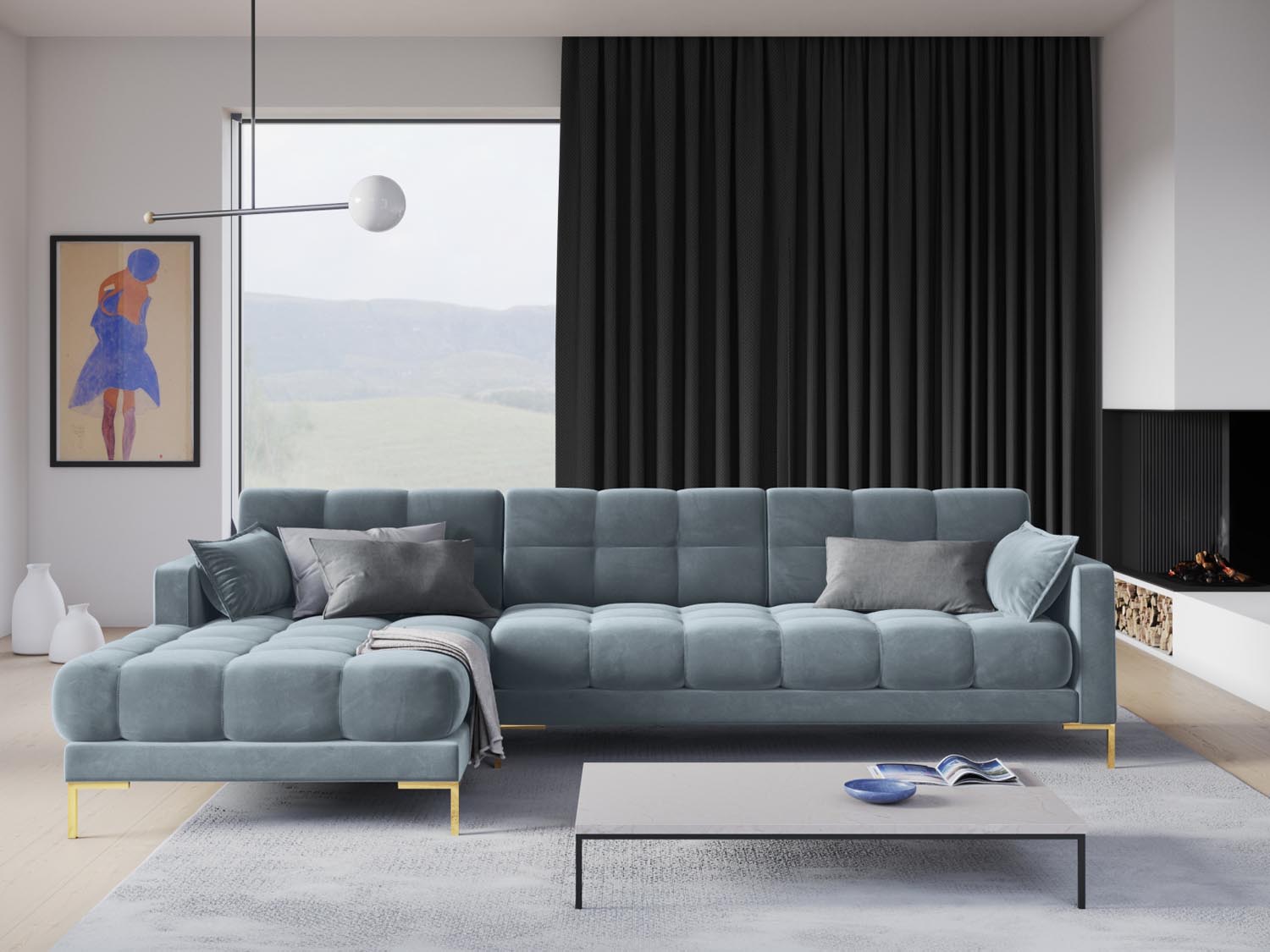 Entdecken Sie das stilvolle Mamaia Velour Ecksofa links von Micadoni – ein elegantes 5-Sitzer Sofa, das Komfort und modernes Design vereint.