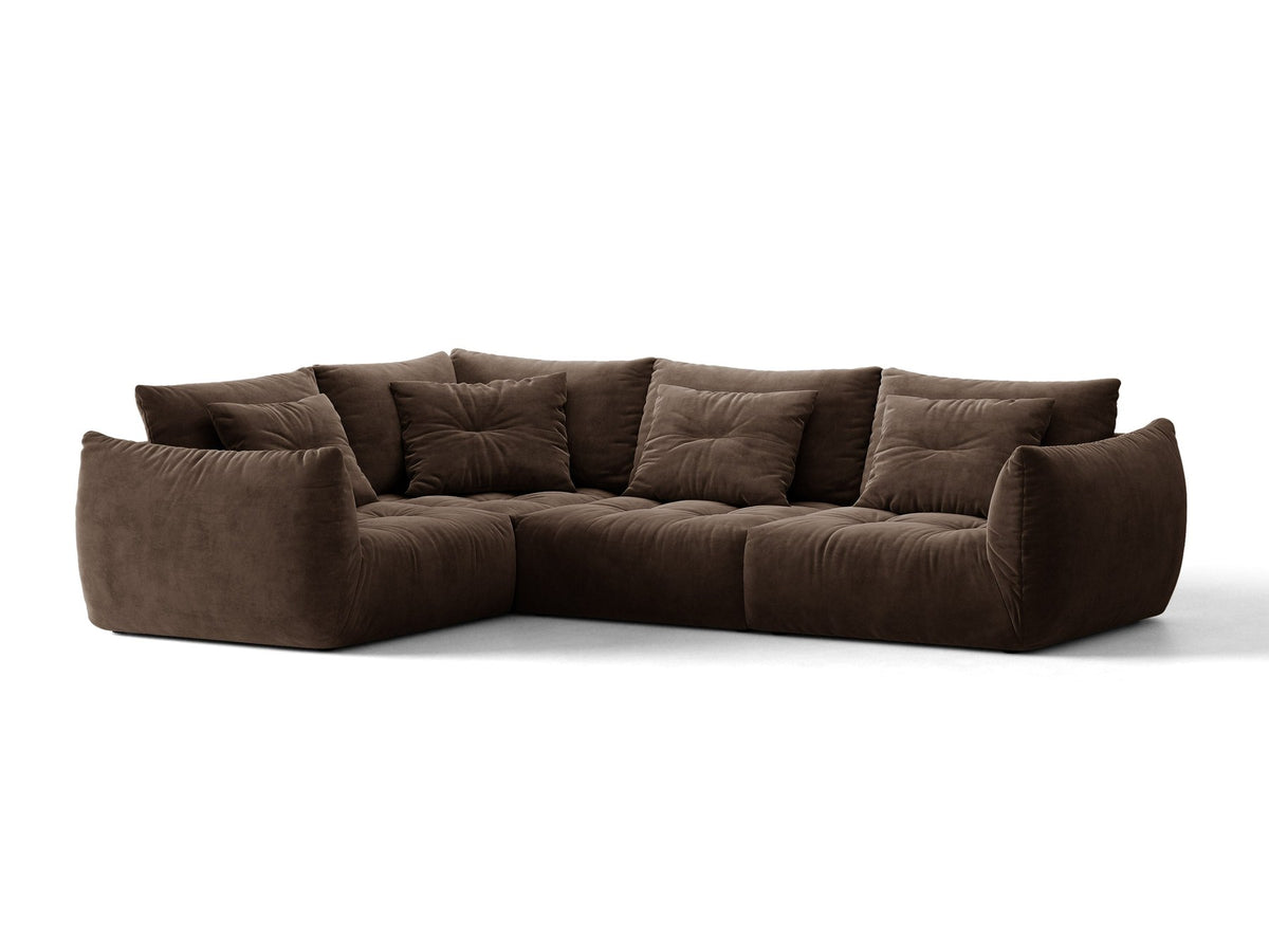 Modulares Ecksofa links Bloom von Micadoni in leichtem Beige, Veloursstoff Casino Pearl, schwarze Kunststoffbeine, tiefe Sitzfläche.