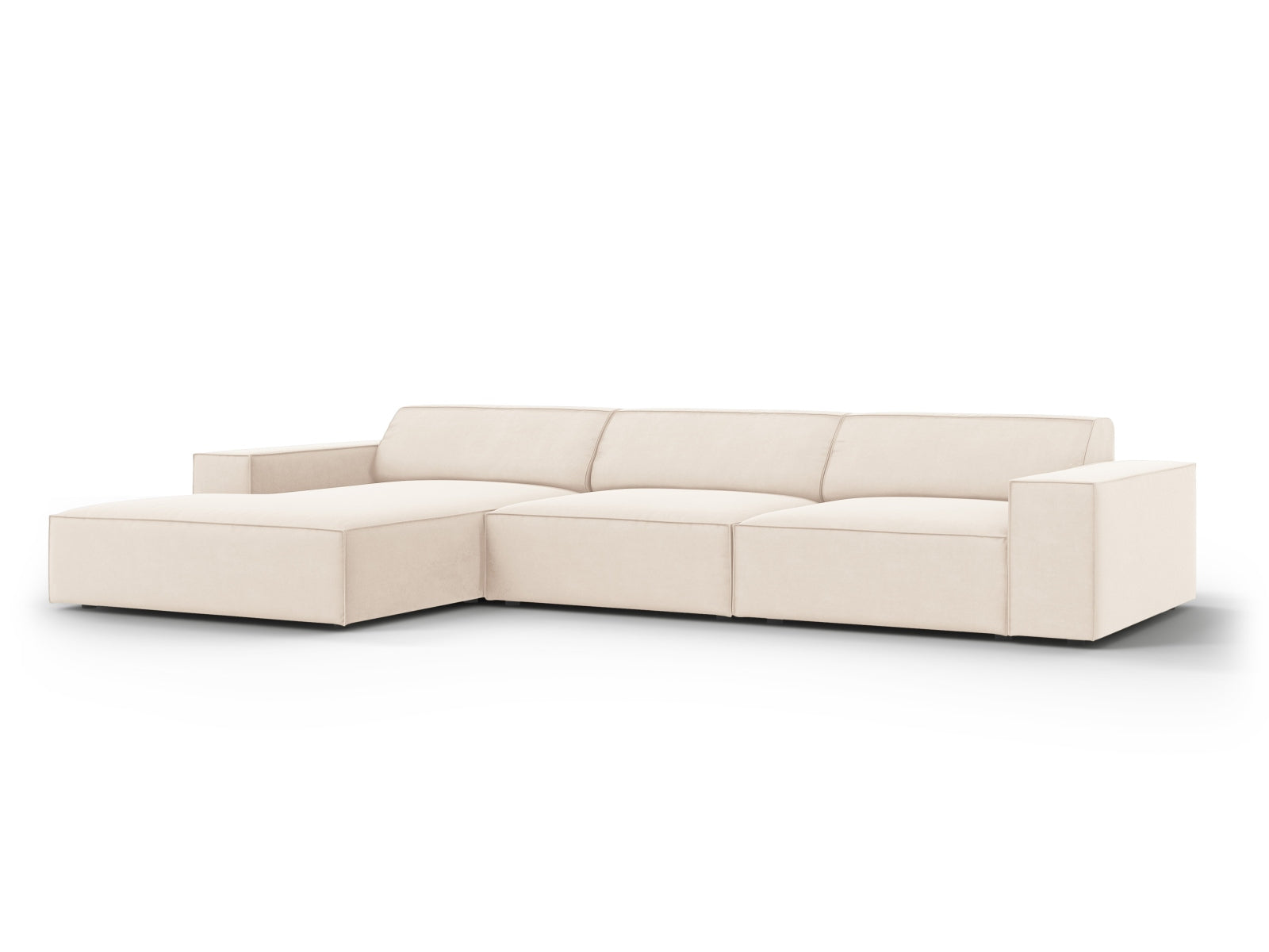 Modulares Jodie Velour Ecksofa in sanftem Beige, perfekt für moderne Wohnzimmer. Bietet Flexibilität und Komfort für bis zu vier Personen.