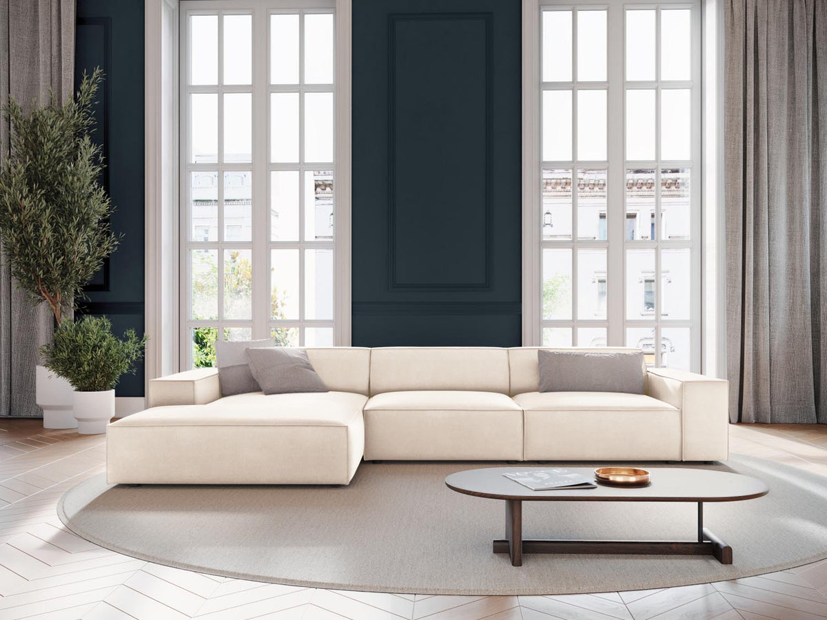 Jodie Velour modulares Ecksofa links 4 Sitzer in Light Beige-Bluvel präsentiert im Onlineshop von KAQTU Design AG. L-Sofa links ist von Micadoni