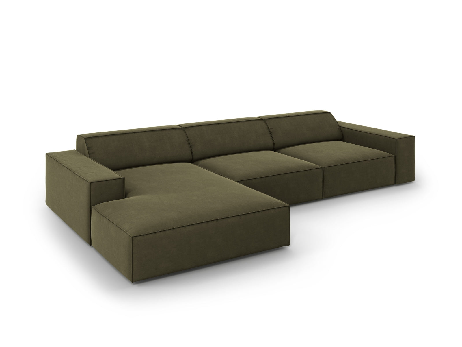 Elegantes, modulares Ecksofa Jodie in hochwertigem Velours, linksseitig, in modernem Green-Bluvel, ideal für einladende Wohnräume.