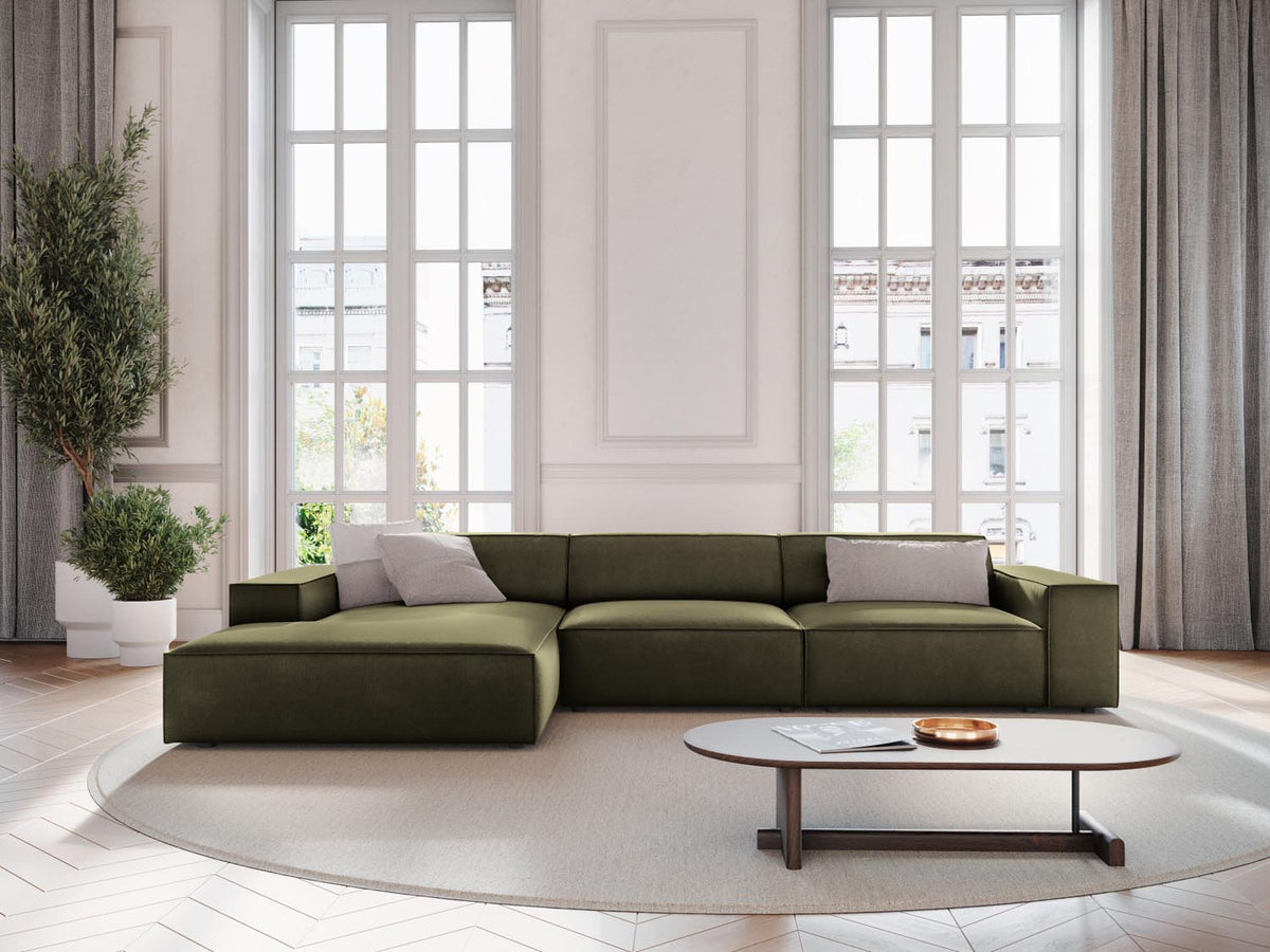 Jodie Velour modulares Ecksofa links 4 Sitzer in Green-Bluvel präsentiert im Onlineshop von KAQTU Design AG. L-Sofa links ist von Micadoni