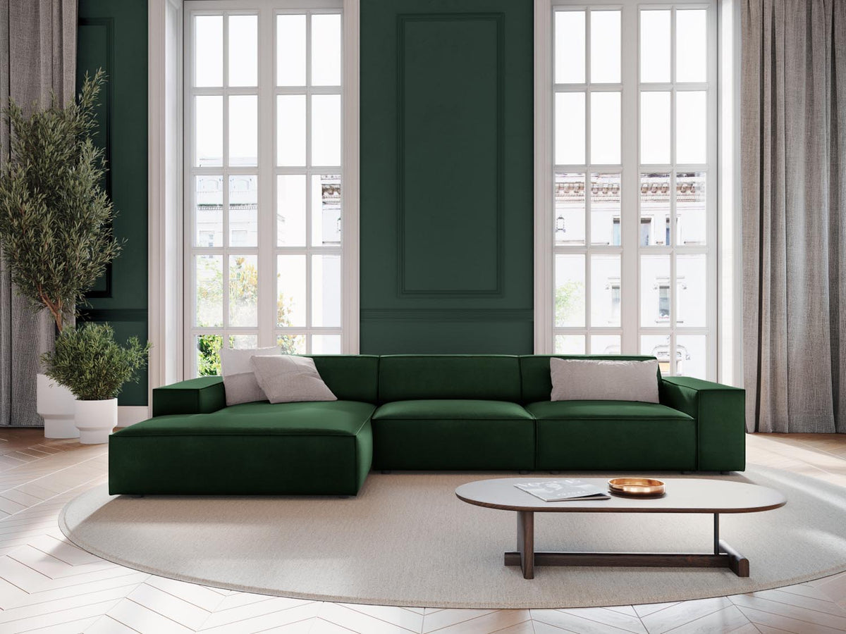 Jodie Velour modulares Ecksofa links 4 Sitzer in Bottle Green-Bluvel präsentiert im Onlineshop von KAQTU Design AG. L-Sofa links ist von Micadoni