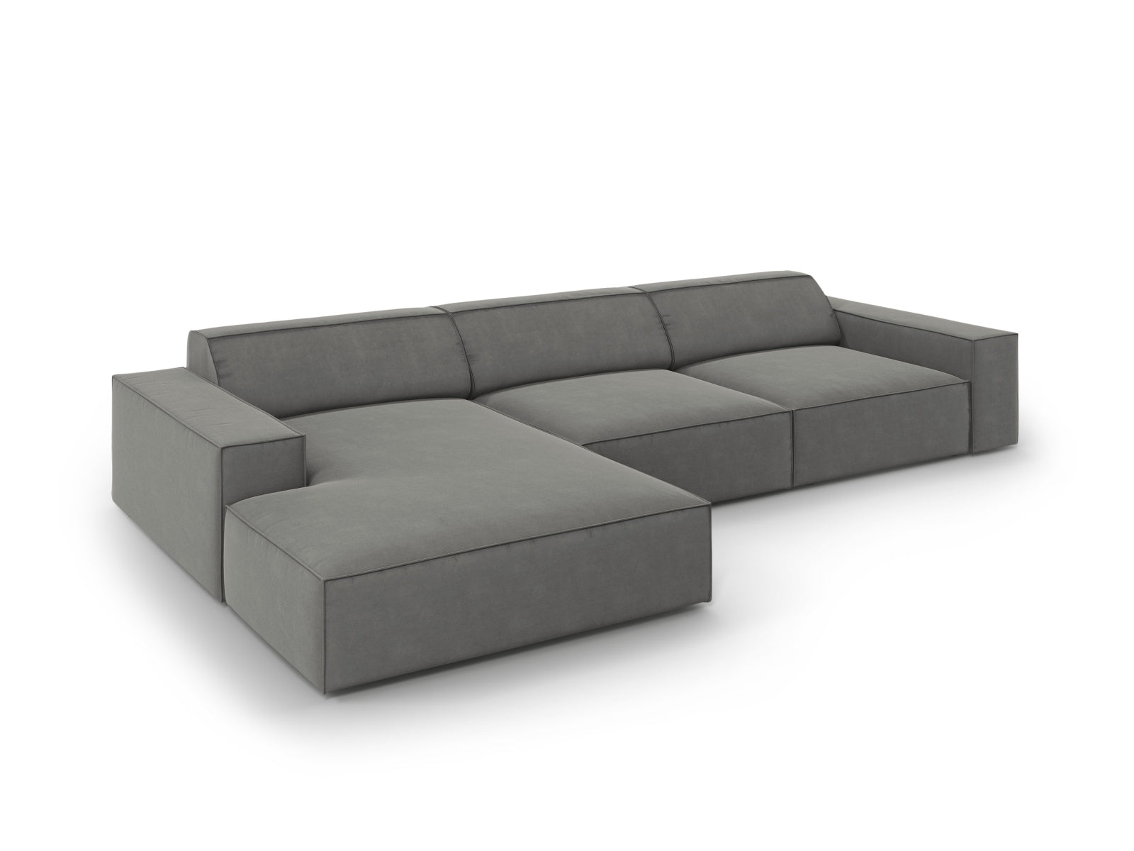Elegantes, modulares 4-Sitzer Ecksofa Jodie Velour in sanften Farben, linksseitig, ideal für stilvolle und einladende Wohnräume.