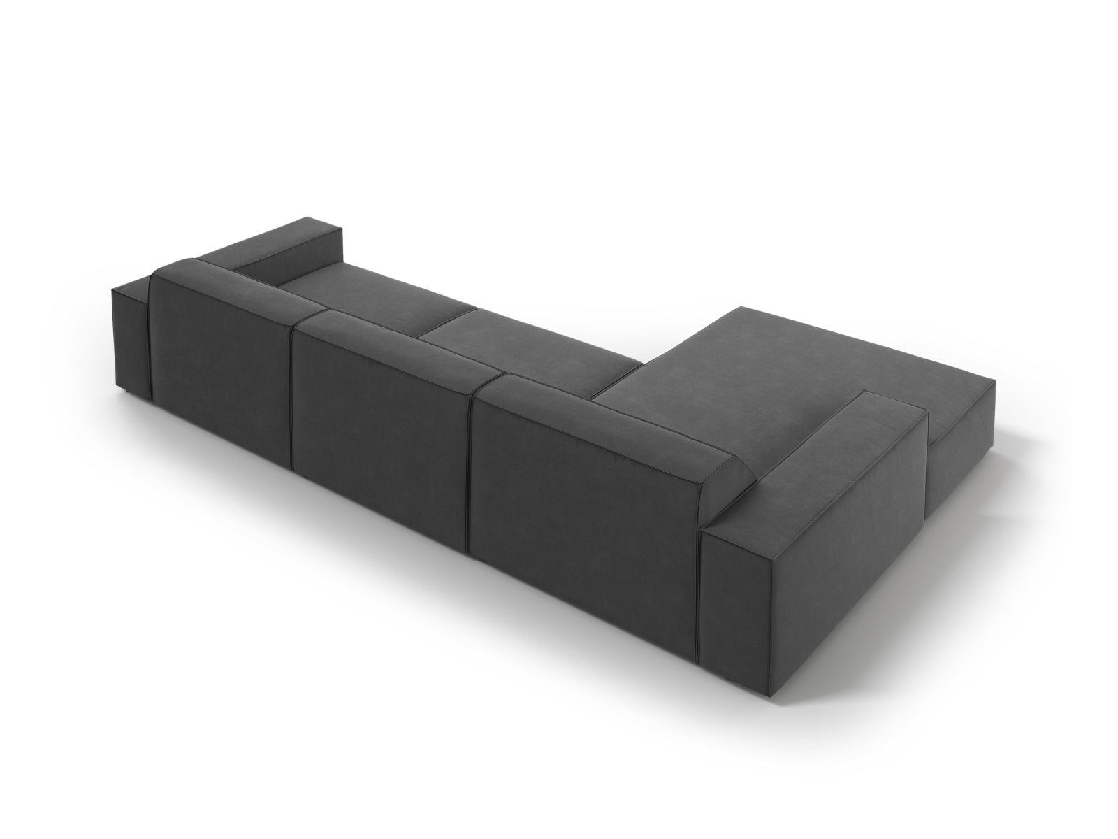 Modulares Ecksofa Jodie Velour in stilvollem Grau-Blau, 4-Sitzer, linksseitig, perfekt für moderne Wohnzimmer und entspannte Stunden.