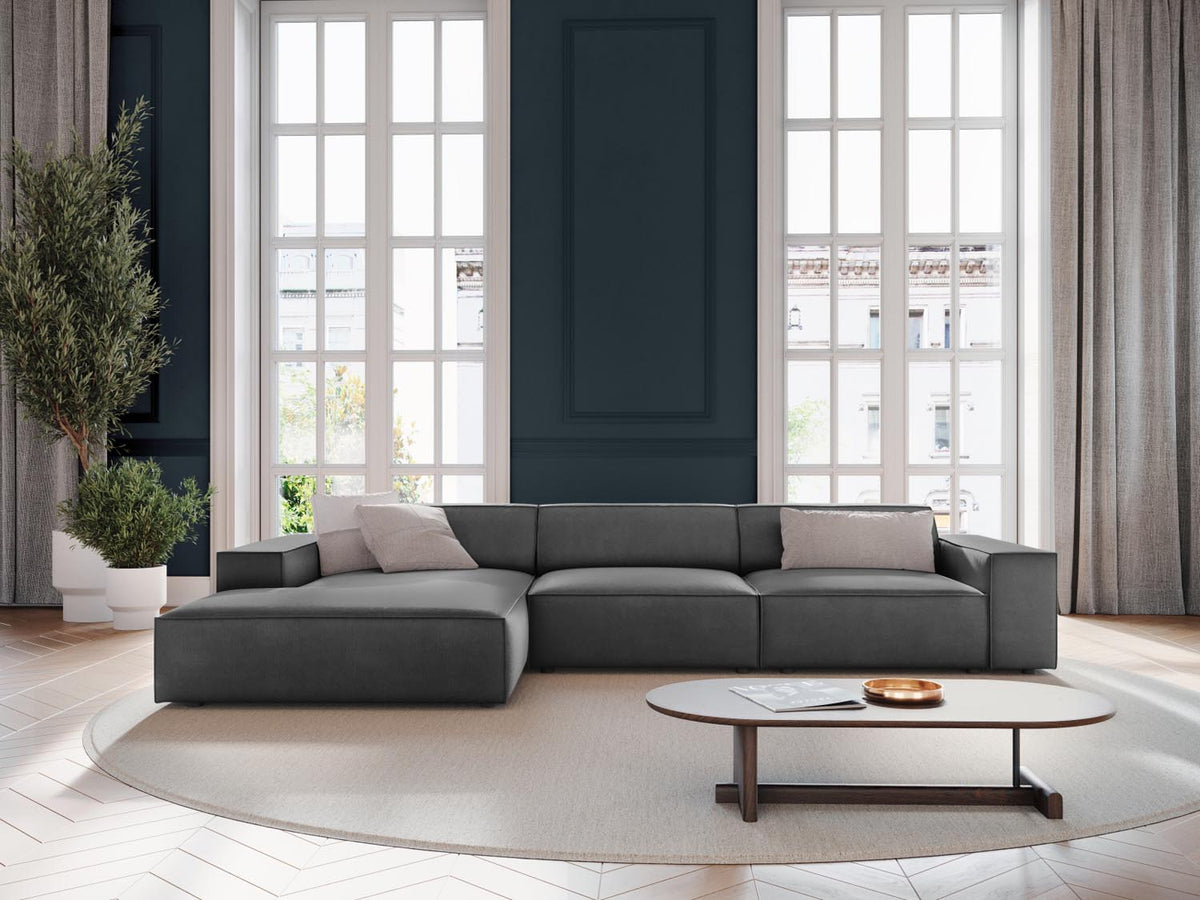 Jodie Velour modulares Ecksofa links 4 Sitzer in Grey-Bluvel präsentiert im Onlineshop von KAQTU Design AG. L-Sofa links ist von Micadoni