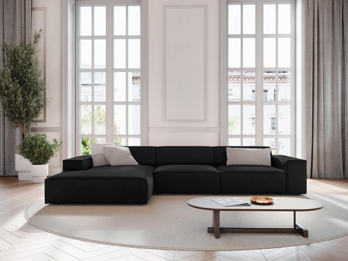 Jodie Velour modulares Ecksofa links 4 Sitzer in Black-Bluvel präsentiert im Onlineshop von KAQTU Design AG. L-Sofa links ist von Micadoni