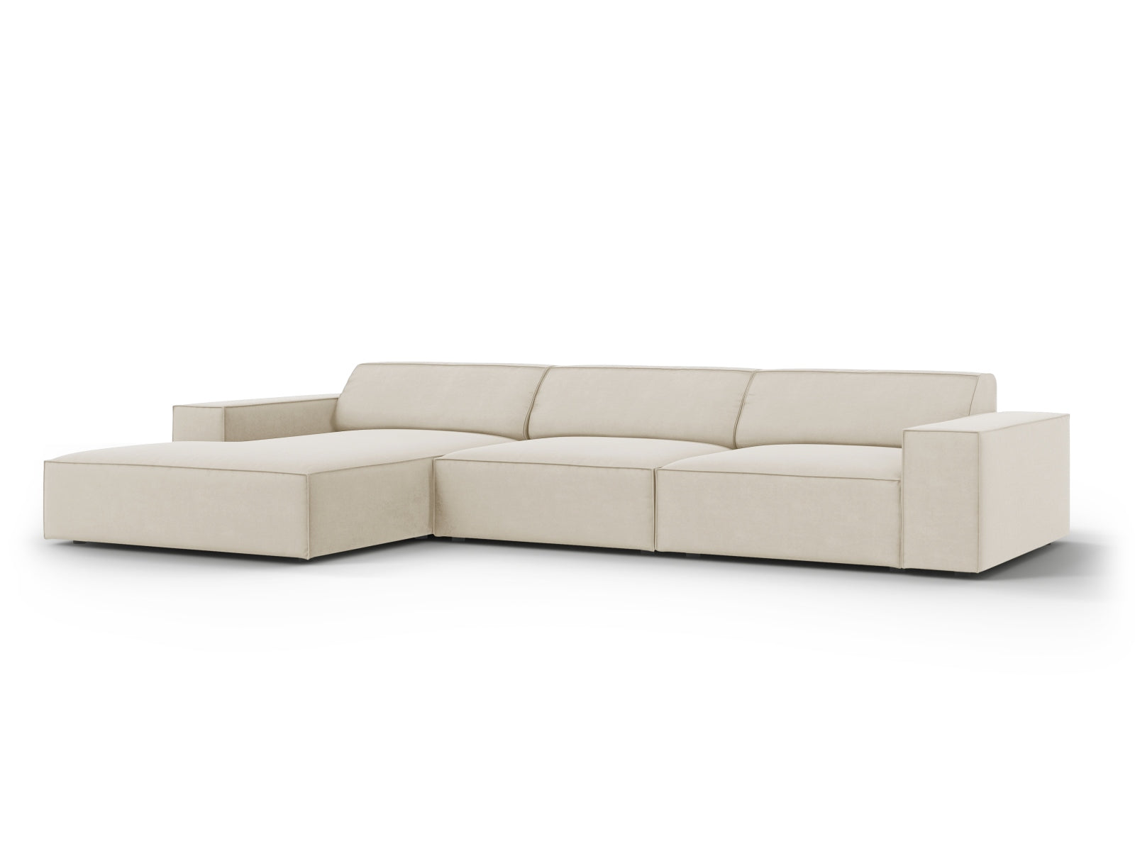 Modulares Ecksofa Jodie in luxuriösem Velours, linksseitig, 4-Sitzer in edlem Dunkelbeige, perfekt für stilvolle Wohnambiente.