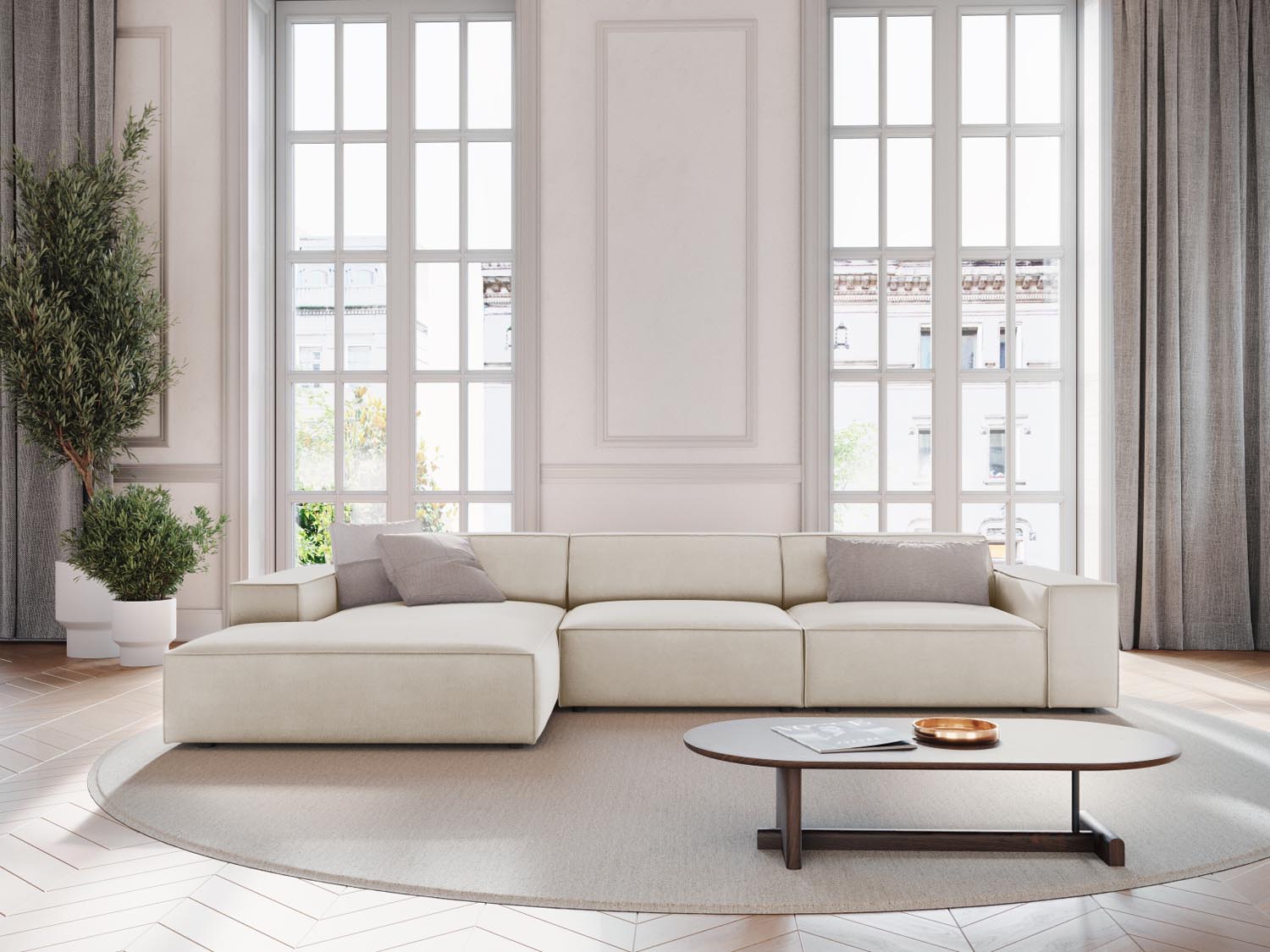 Elegantes, modulares Ecksofa Jodie in Velours, linksseitig, 4-Sitzer in stilvollem Dunkelbeige, ideal für moderne Wohnräume.