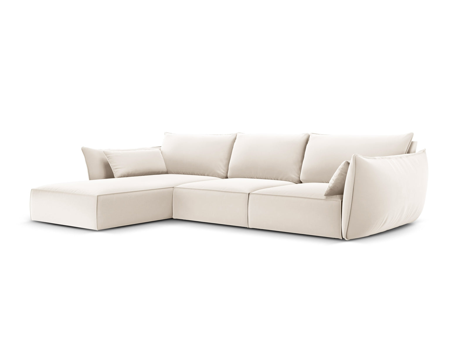 Elegantes Kaelle Velour Ecksofa links in sanftem Beige, ideal für stilvolle Wohnräume. Komfortables 4-Sitzer Design von Micadoni.