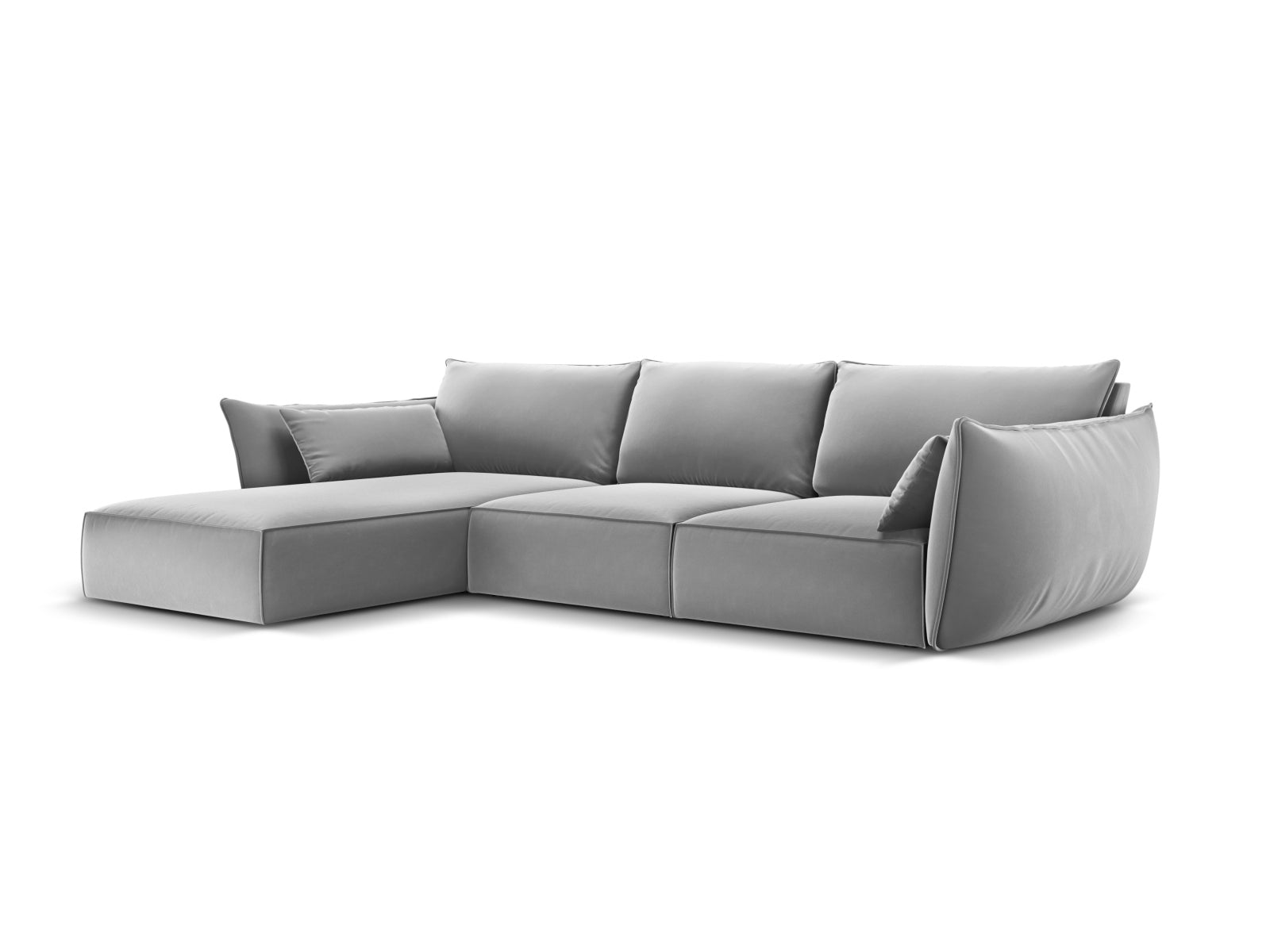 Elegantes Kaelle Velour Ecksofa in Grau-Blau, linksseitig, ideal für stilvolle Wohnräume. Komfortables 4-Sitzer Design von Micadoni.