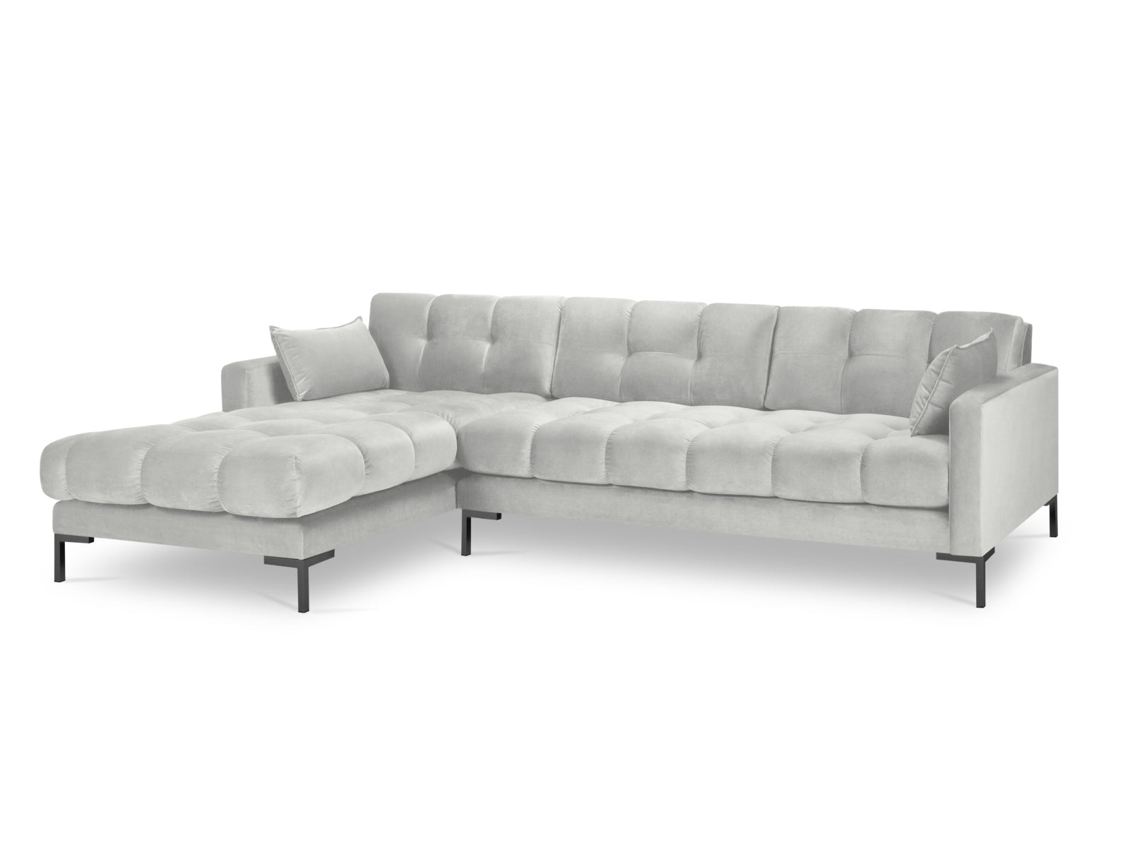 Stylisches Mamaia Velour Ecksofa links, 5-Sitzer in edlem Silver/Schwarz-Bluvel, perfekt für entspannte Stunden und modernes Wohndesign.