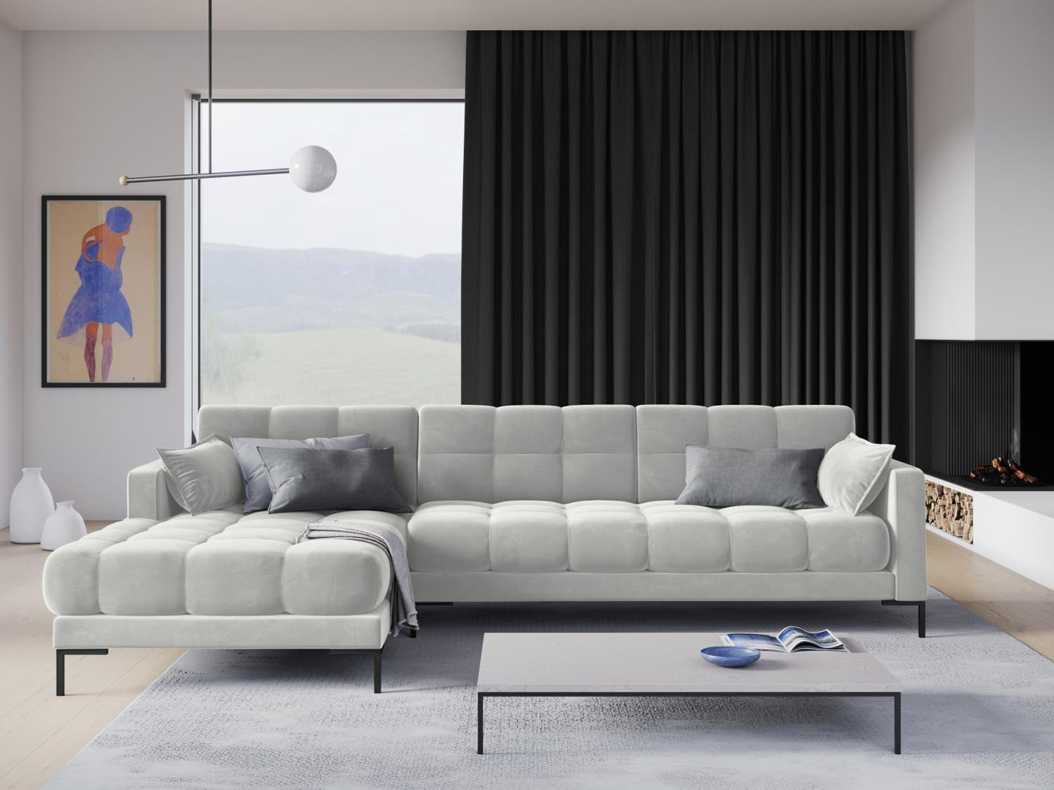 Elegantes Mamaia Velour Ecksofa links in stilvollem Silver/Schwarz-Bluvel, ideal für moderne Wohnräume und gemütliche Abende.
