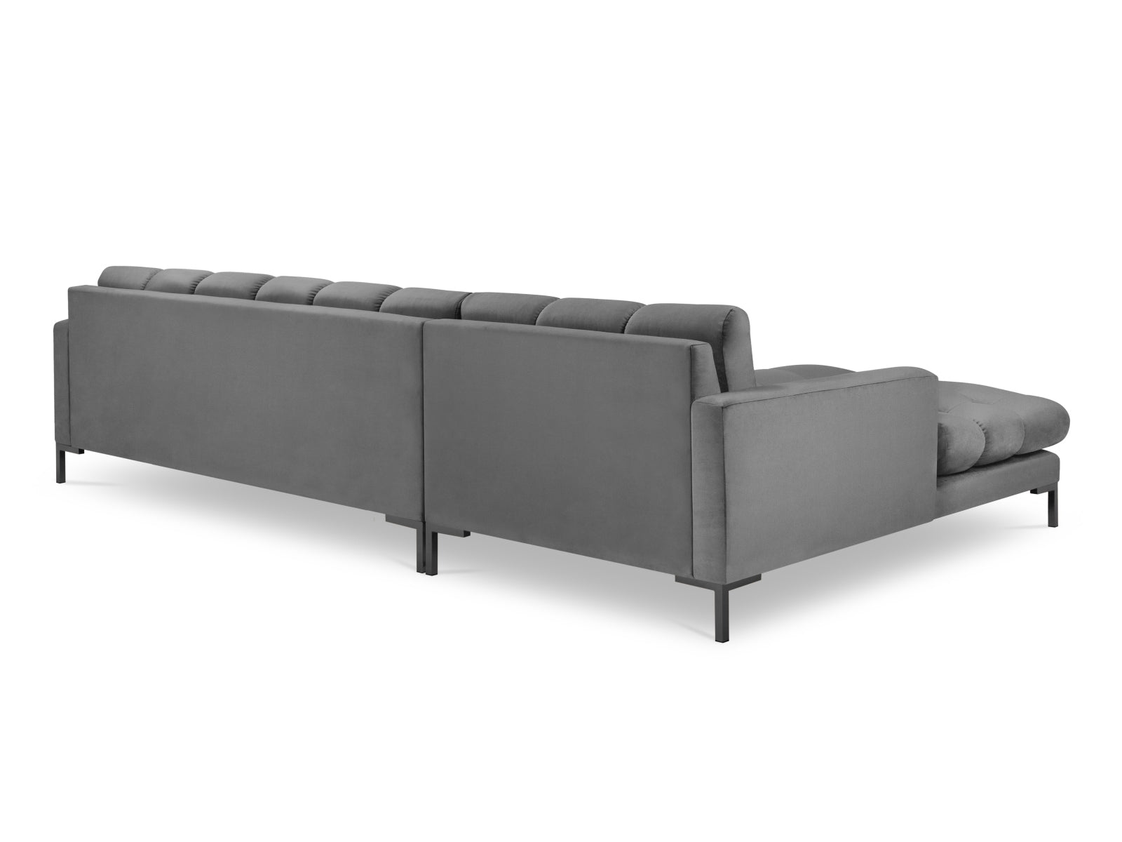 Elegantes Mamaia Velour Ecksofa links in Grau und Schwarz-Bluvel, ideal für stilvolle Wohnzimmergestaltung und entspannte Stunden.