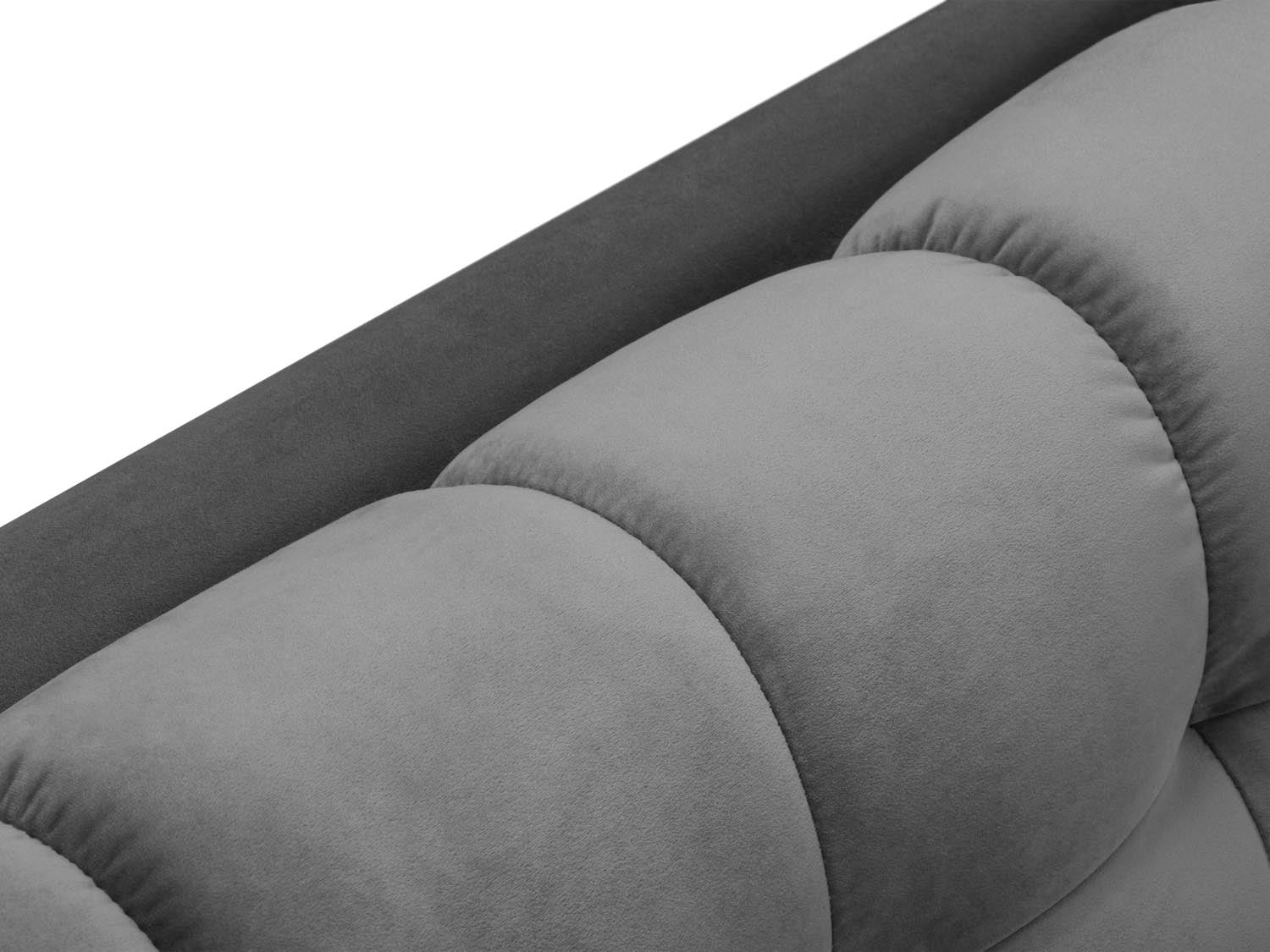 Elegantes Mamaia Velour Ecksofa links in Grau und Schwarz-Bluvel, ideal für entspannte Stunden und geschmackvolle Wohnräume.