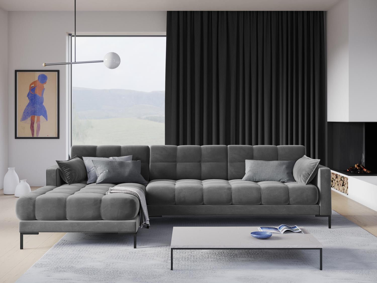Elegantes Mamaia Velour Ecksofa links in sanftem Grau und stilvollem Schwarz-Bluvel, ideal für moderne Wohnräume.