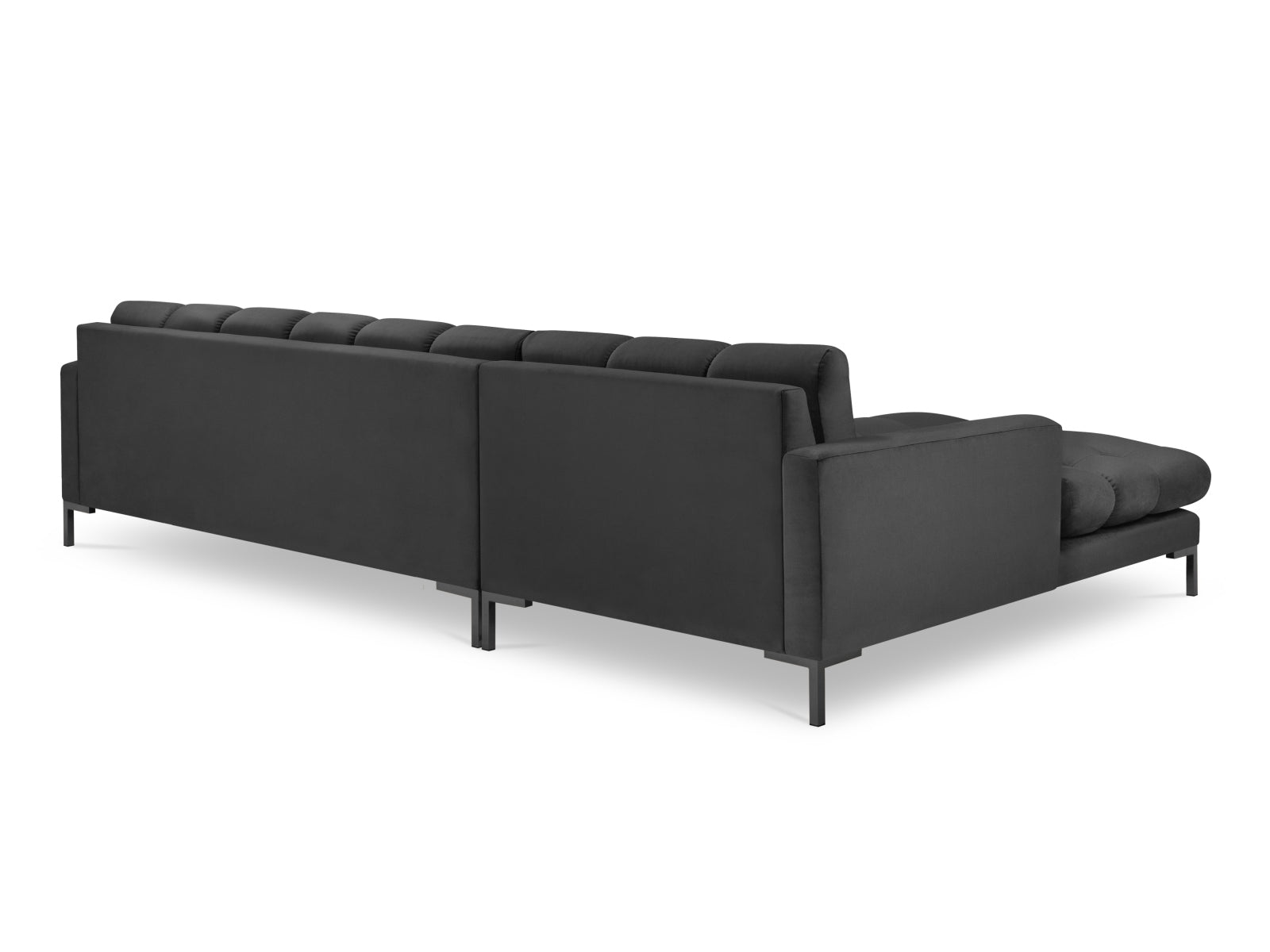 Elegantes Mamaia Velour Ecksofa links in stilvollem Dunkelgrau, ideal für entspannte Abende. 5-Sitzer von Micadoni für einladende Wohnräume.
