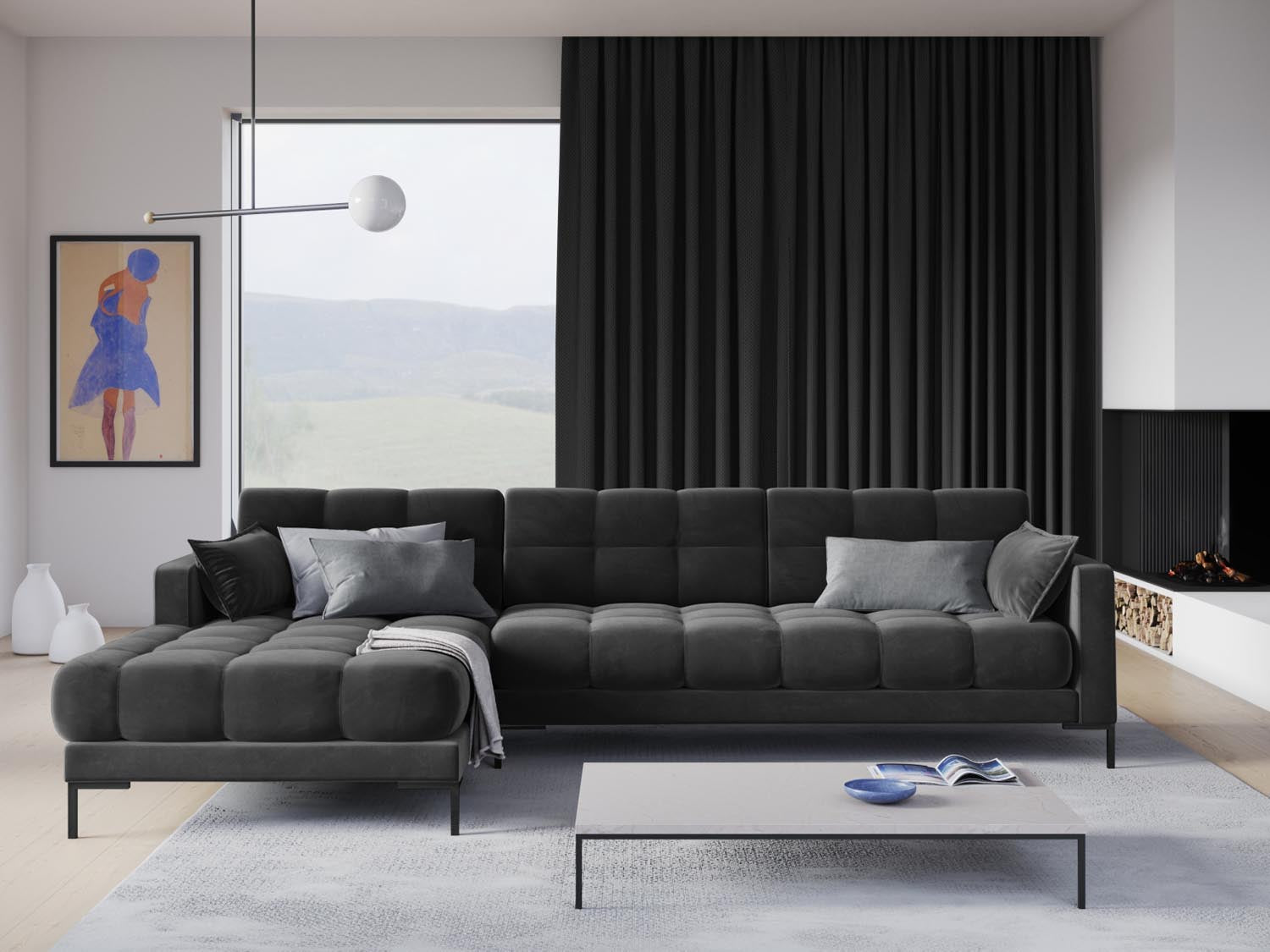 Entdecken Sie das stilvolle Mamaia Velour Ecksofa links von Micadoni – ein elegantes 5-Sitzer Sofa, das Komfort und modernes Design vereint.
