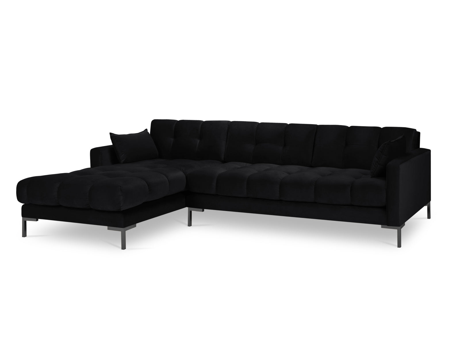 Stylisches Mamaia Velour Ecksofa links, 5 Sitzer in edlem Schwarz, perfekt für zeitgemäße Wohnkonzepte. Hochwertige Qualität von Micadoni.