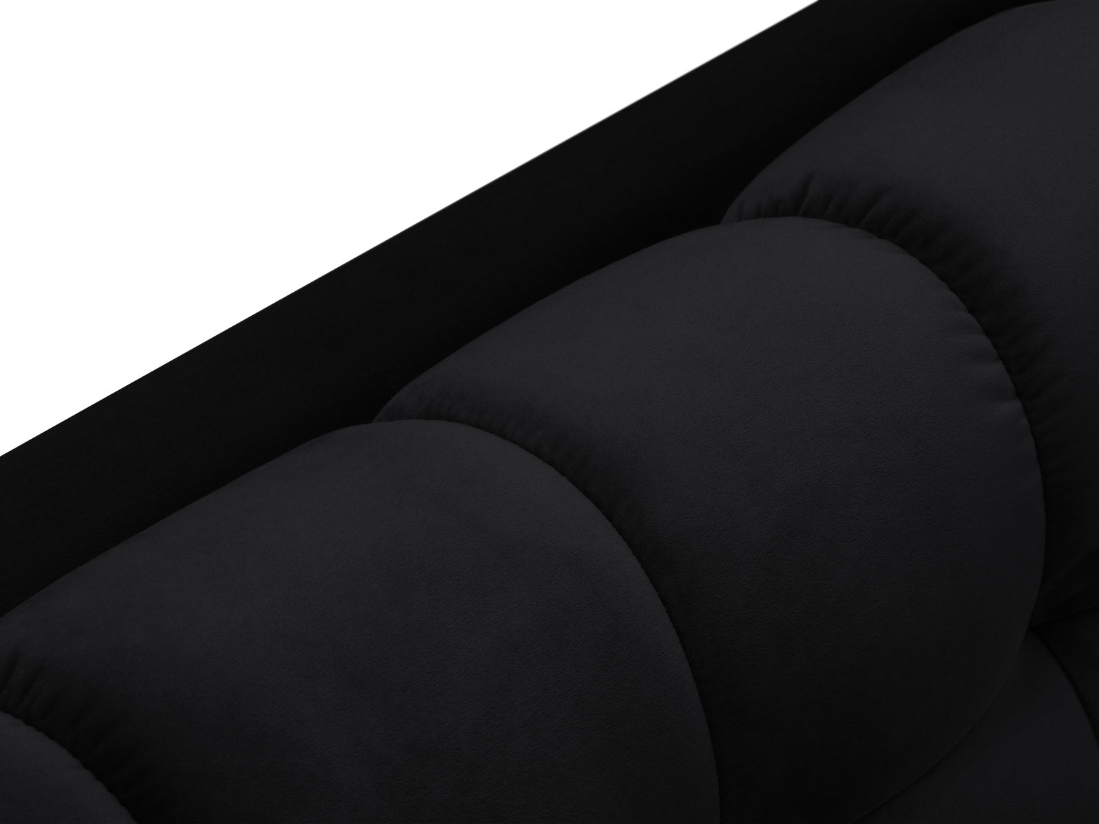 Elegantes Mamaia Velour Ecksofa links, 5 Sitzer in luxuriösem Schwarz, ideal für moderne Wohnräume und stilvolle Akzente.