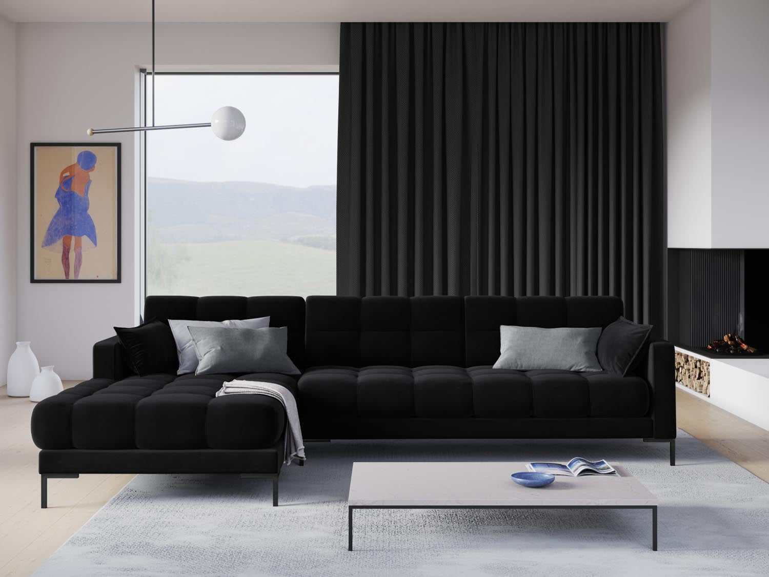 Elegantes Mamaia Velour Ecksofa links, 5 Sitzer in stilvollem Schwarz, ideal für moderne Wohnräume. Hochwertige Verarbeitung von Micadoni.