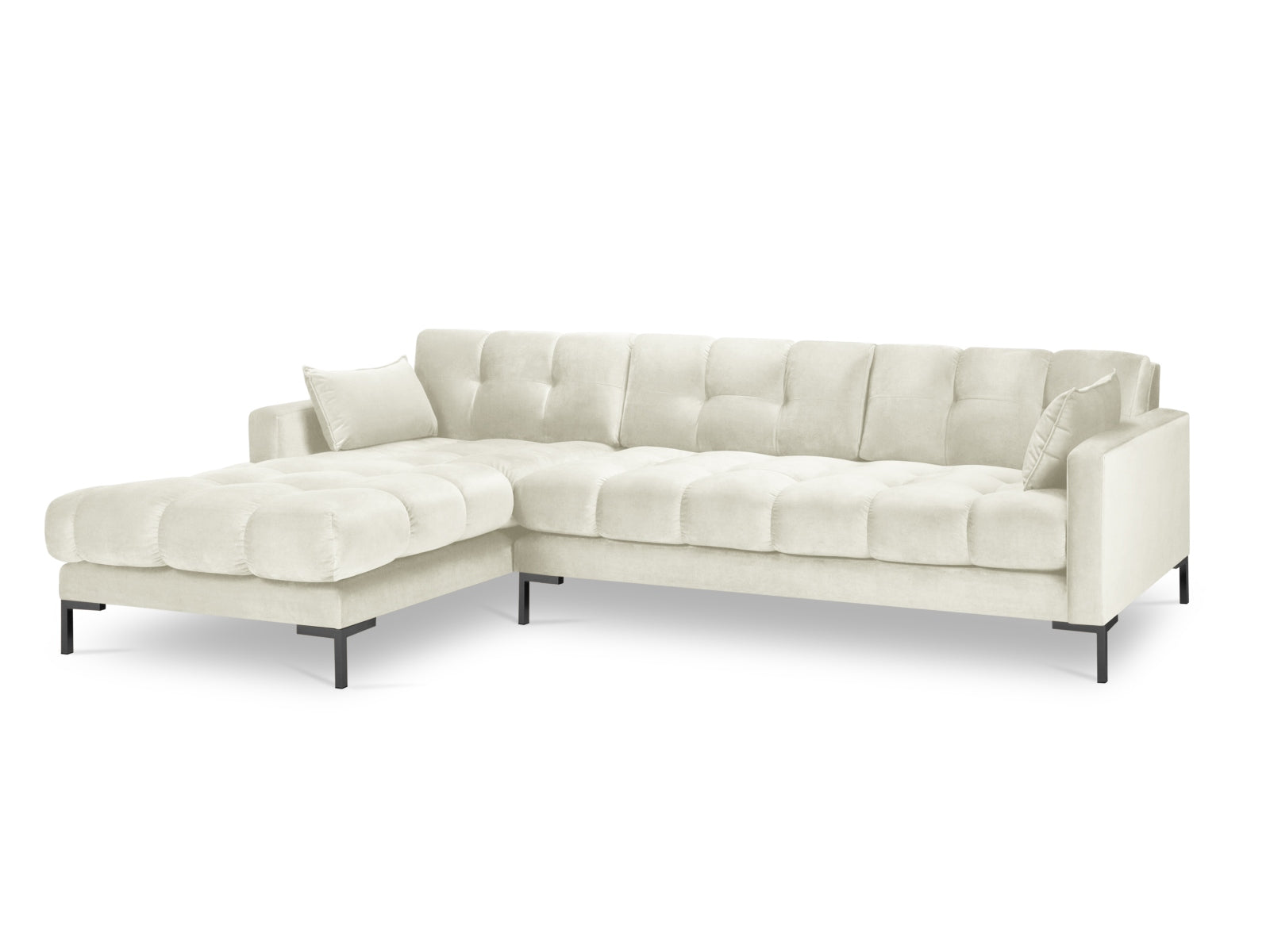 Modernes Mamaia Velour Ecksofa links in edlem Beige und Schwarz, perfekt für entspannte Stunden und stilvolle Einrichtungsideen.