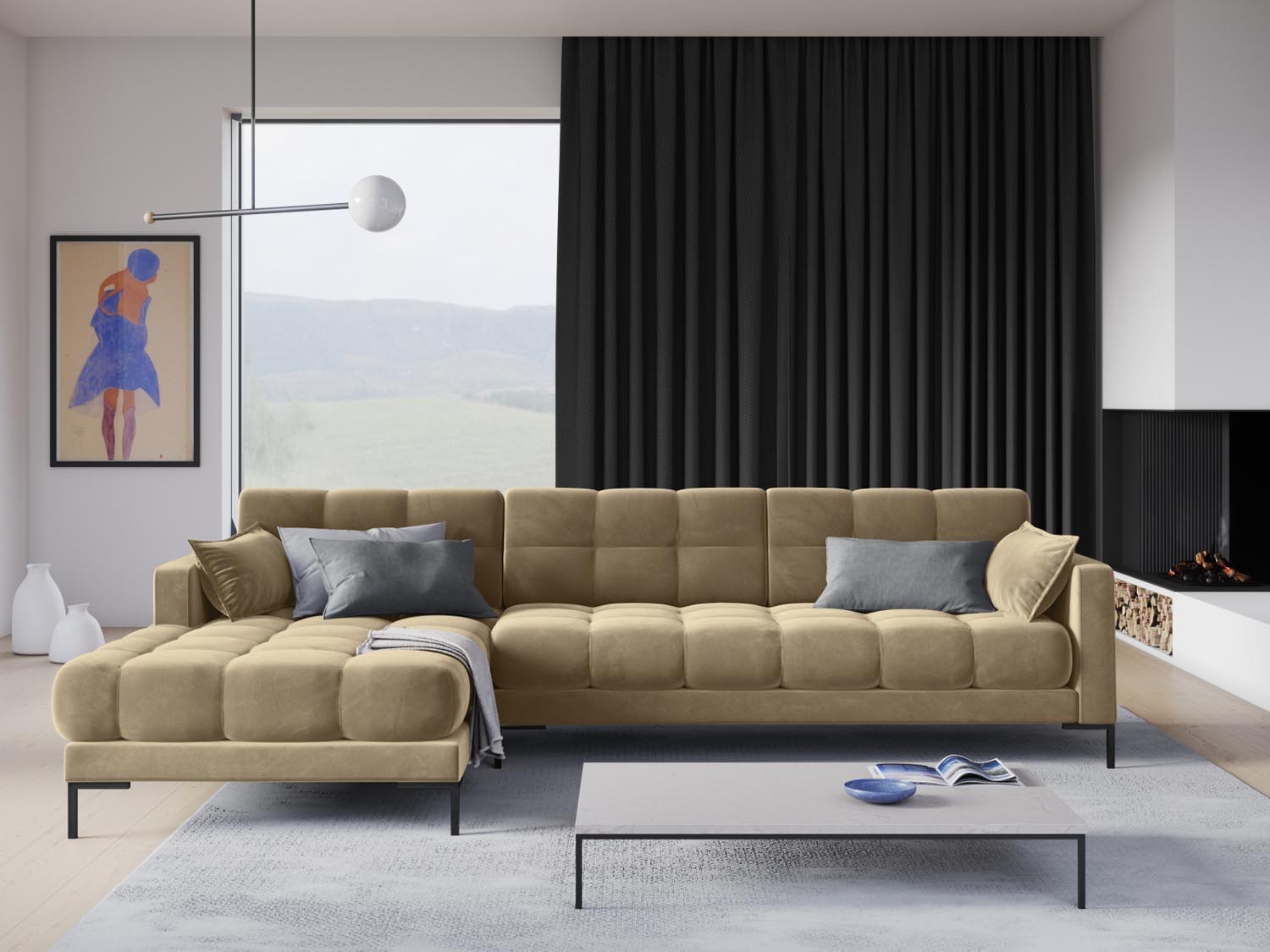 Beige und Schwarz kombiniert, das Mamaia Velour Ecksofa links 5 Sitzer von Micadoni bietet modernen Komfort und stilvolles Design für Ihr Wohnzimmer.