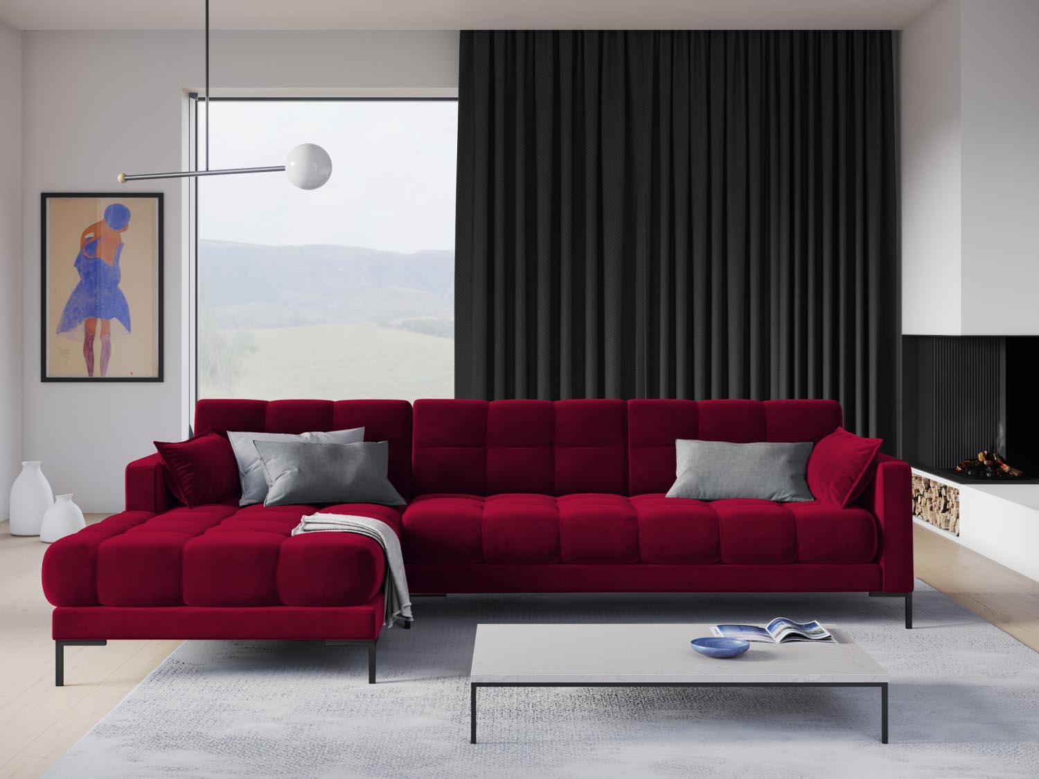 Elegantes Mamaia Velour Ecksofa links in stilvollem Design, ideal für moderne Wohnräume. Komfortables 5-Sitzer Sofa von Micadoni.