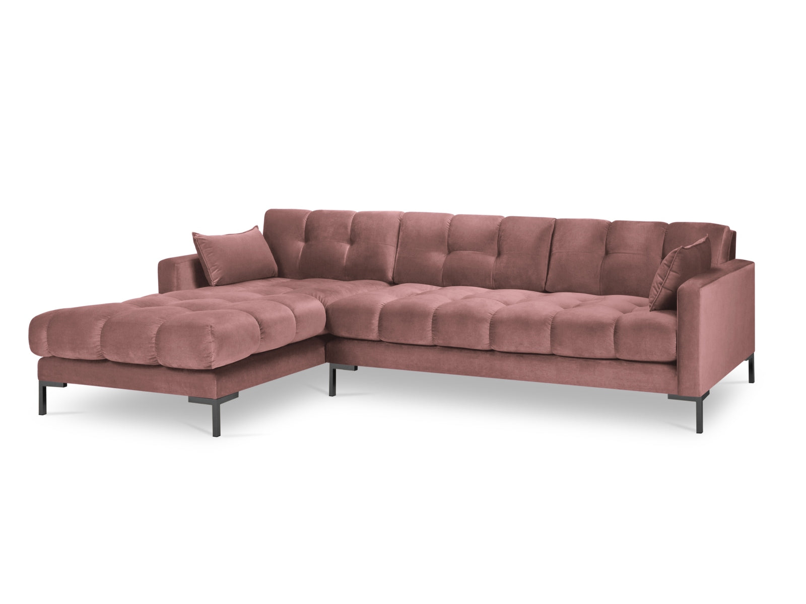 Elegantes Mamaia Velour Ecksofa links in trendigem Pink und Schwarz, perfekt für stilvolle Wohnzimmer. Geräumiges 5-Sitzer Modell von Micadoni.