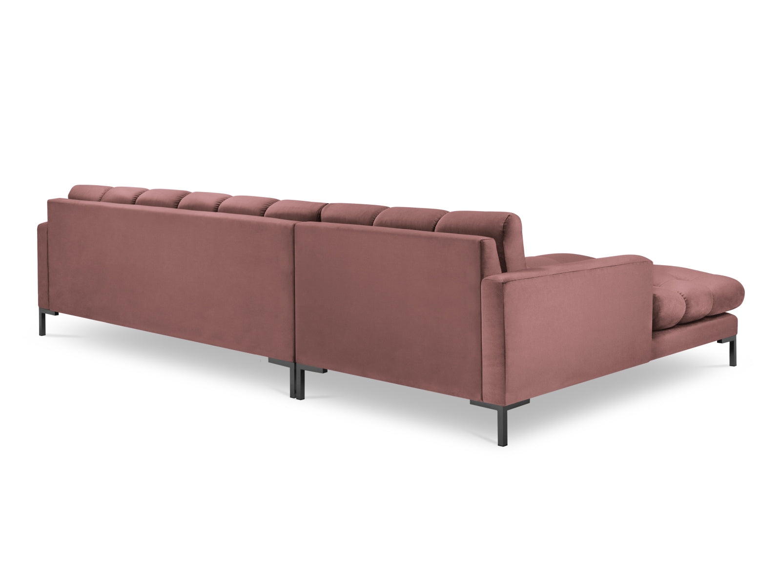 Stylisches Mamaia Velour Ecksofa links in modernem Pink und Schwarz, ideal für gemütliche Abende im Wohnzimmer. 5-Sitzer von Micadoni.