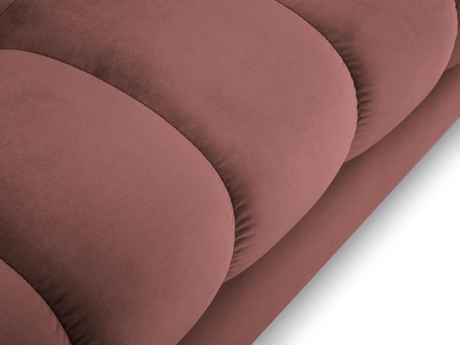 Elegantes Mamaia Velour Ecksofa links in trendigem Pink und Schwarz, perfekt für stilvolle Wohnräume und entspannte Stunden. 5-Sitzer von Micadoni.