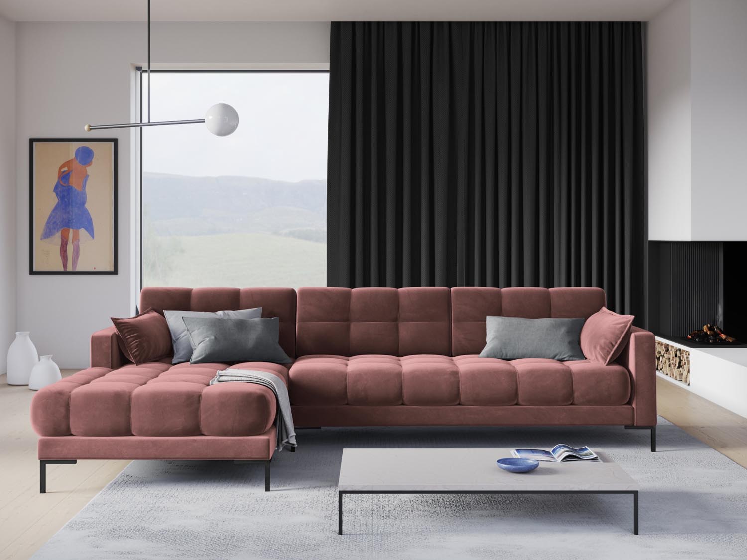 Stylisches Mamaia Velour Ecksofa links in Pink und Schwarz, ideal für moderne Wohnräume. Komfortables 5-Sitzer Design von Micadoni.