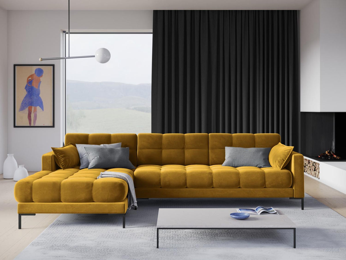 Mamaia Velour Ecksofa links 5 Sitzer in Yellow/Schwarz-Bluvel präsentiert im Onlineshop von KAQTU Design AG. L-Sofa links ist von Micadoni