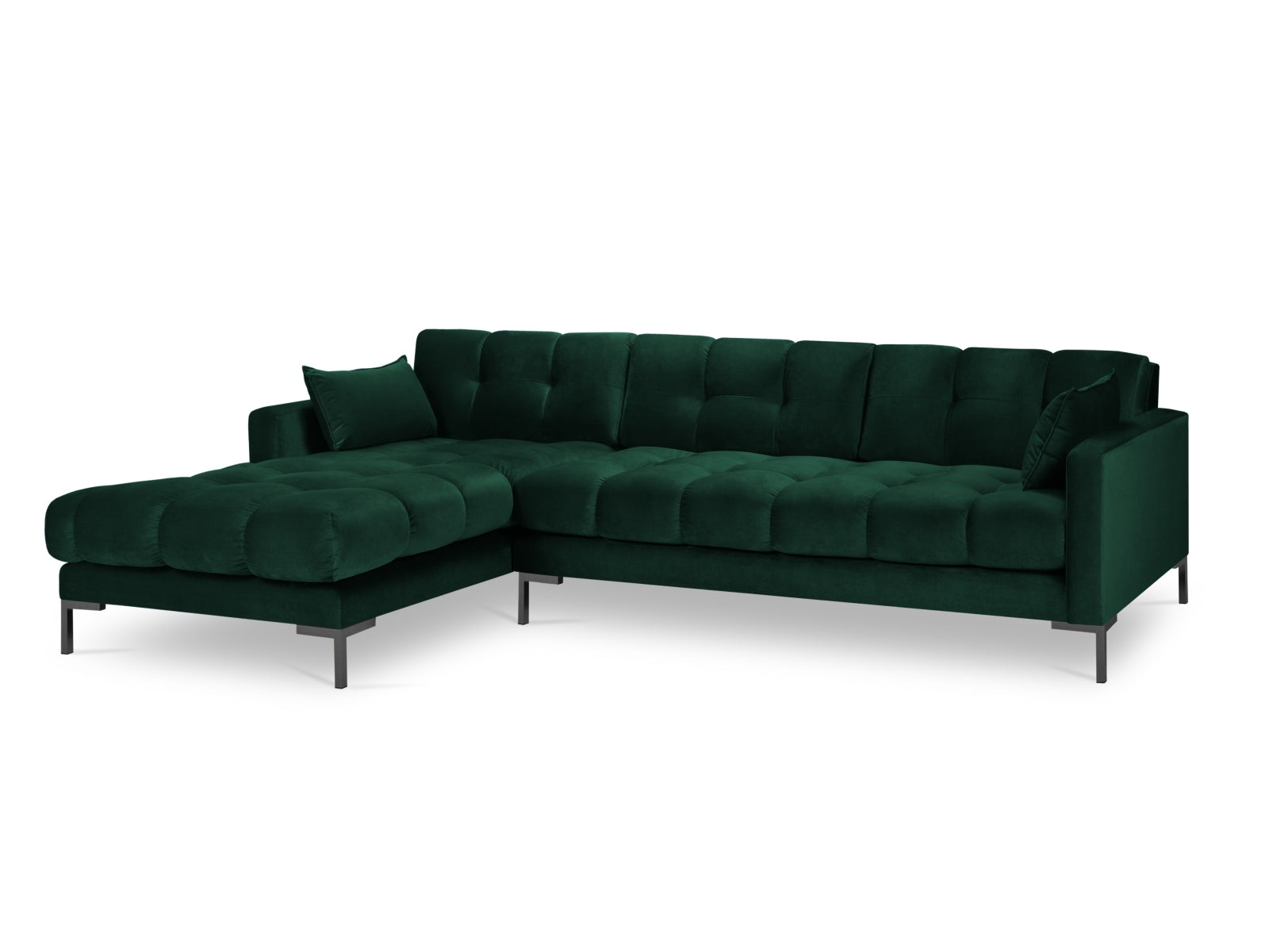 Luxuriöses Mamaia Velour Ecksofa links in edlem Flaschengrün, perfekt für stilvolle Wohnzimmer und entspannte Stunden mit Freunden.