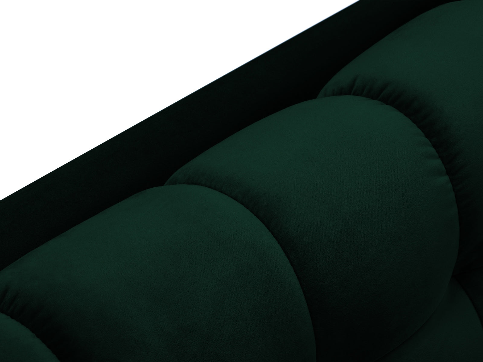 Elegantes Mamaia Velour Ecksofa links in luxuriösem Flaschengrün, ideal für modernes Wohnen und gemütliche Abende mit Freunden.