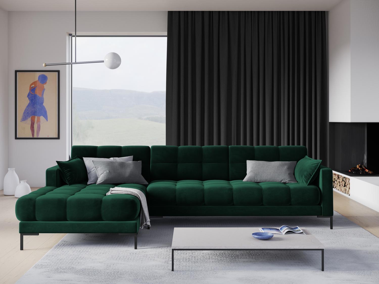 Elegantes Mamaia Velour Ecksofa links in stilvollem Bottle Green, ideal für moderne Wohnräume und gemütliche Abende.