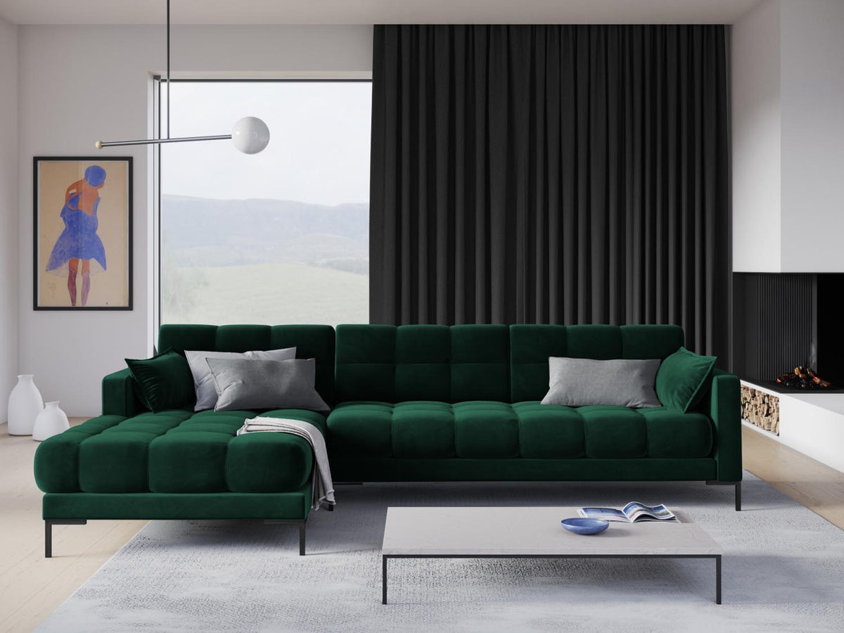 Mamaia Velour Ecksofa links 5 Sitzer in Bottle Green/Schwarz-Bluvel präsentiert im Onlineshop von KAQTU Design AG. L-Sofa links ist von Micadoni