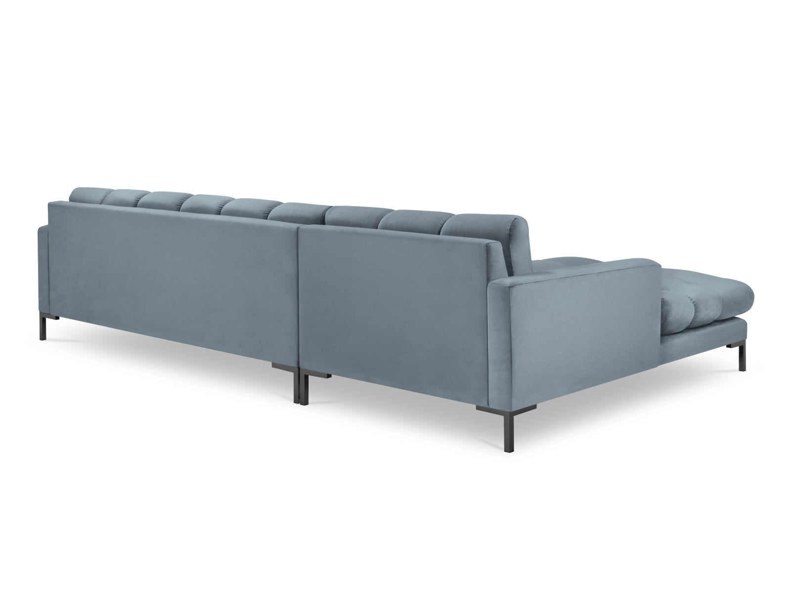 Elegantes Mamaia Velour Ecksofa links in sanftem Hellblau und stilvollem Schwarz, ideal für stilvolle Wohnräume. 5-Sitzer von Micadoni.